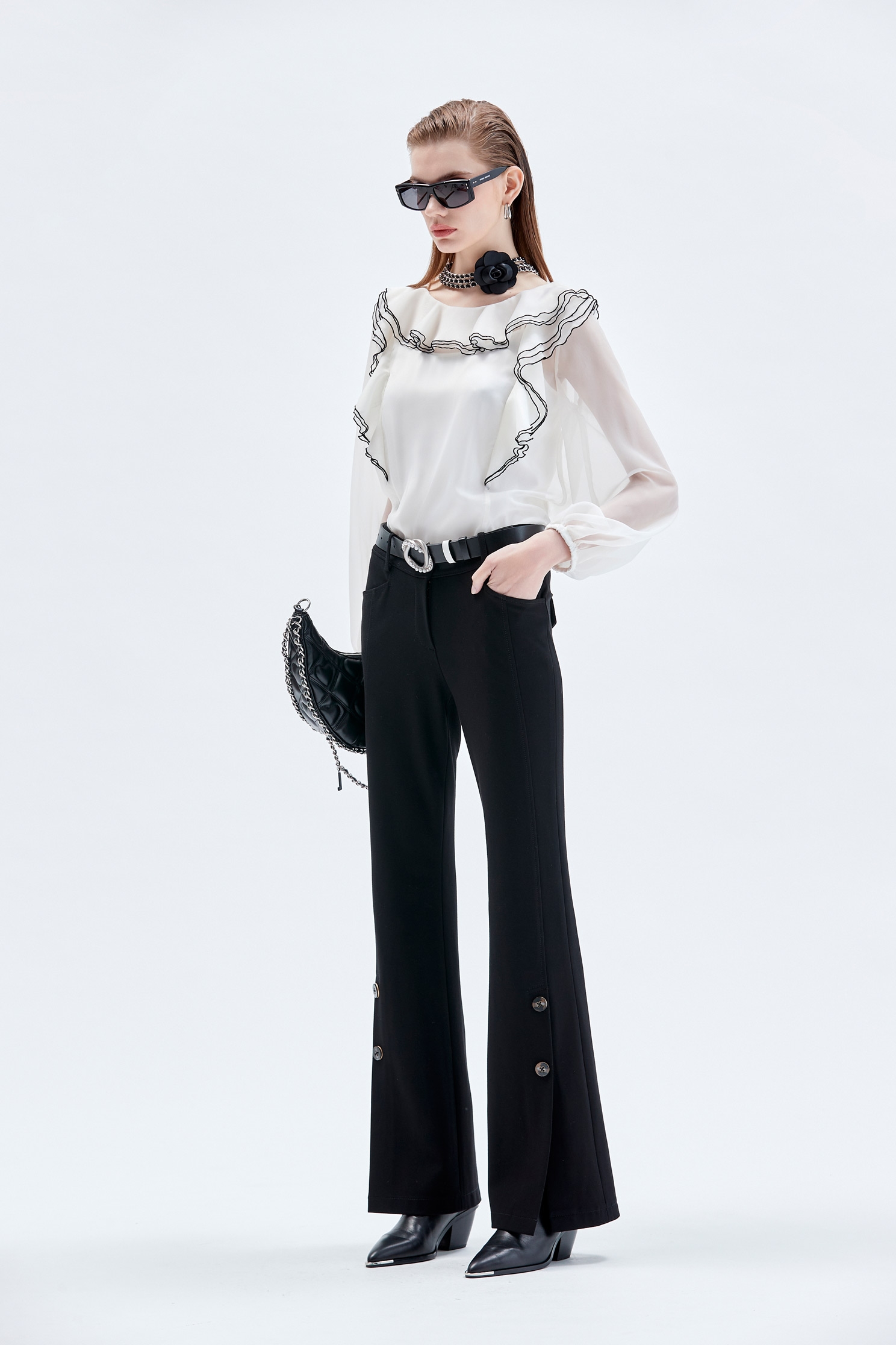 Button Detail Boot Leg Pants修身顯瘦極高喇叭長褲,Bell-bottoms,Culottes,Season (AW) Look,Bell-bottoms