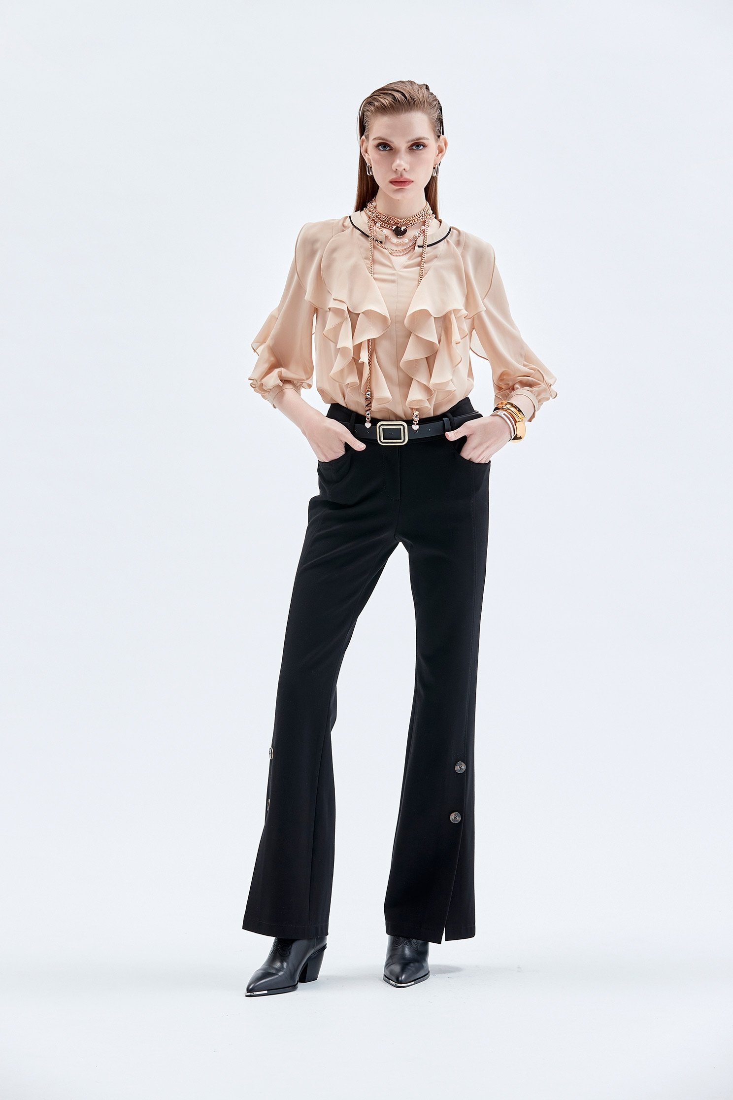 Button Detail Boot Leg Pants修身顯瘦極高喇叭長褲,Bell-bottoms,Culottes,Season (AW) Look,Bell-bottoms