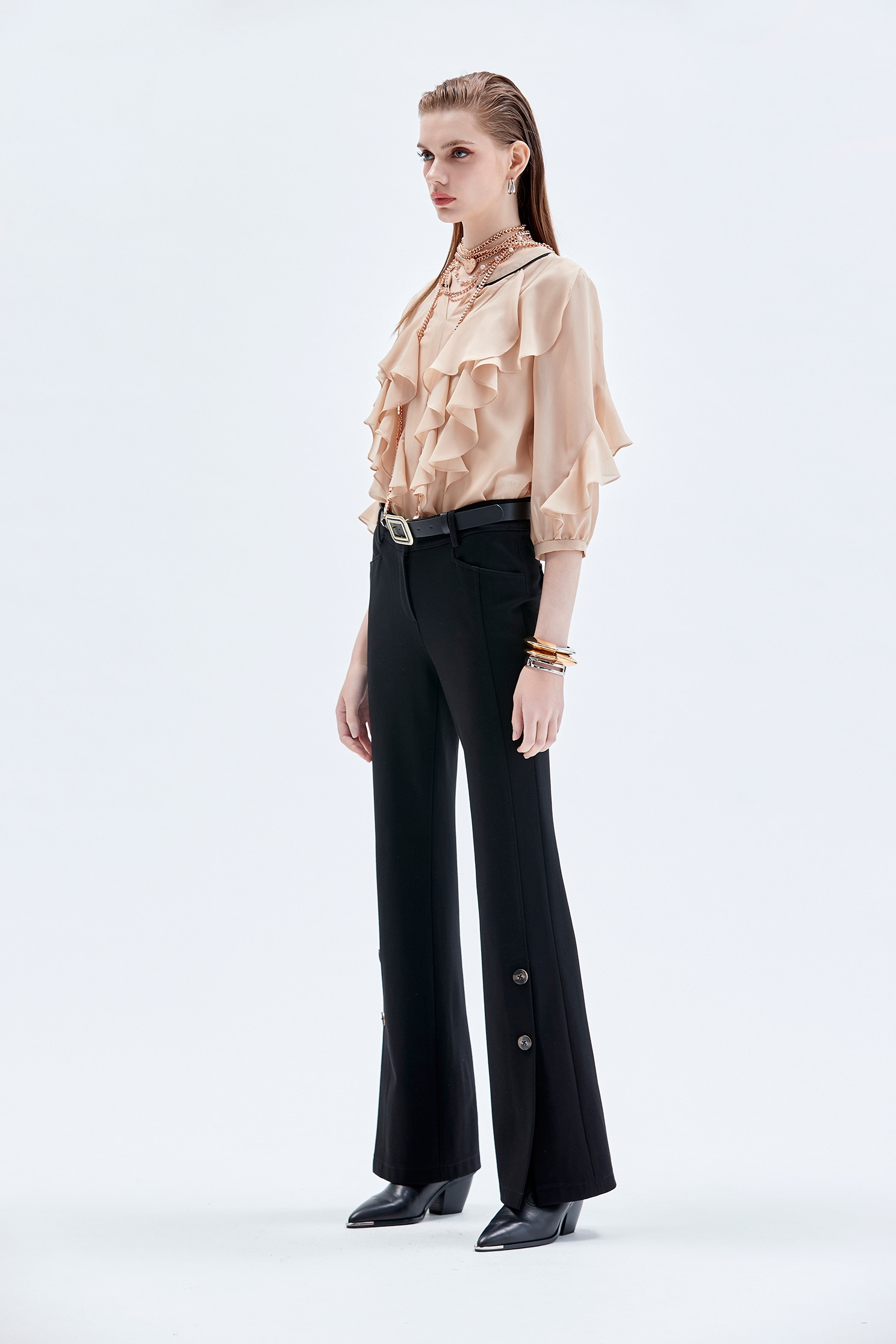 Button Detail Boot Leg Pants修身顯瘦極高喇叭長褲,Bell-bottoms,Culottes,Season (AW) Look,Bell-bottoms