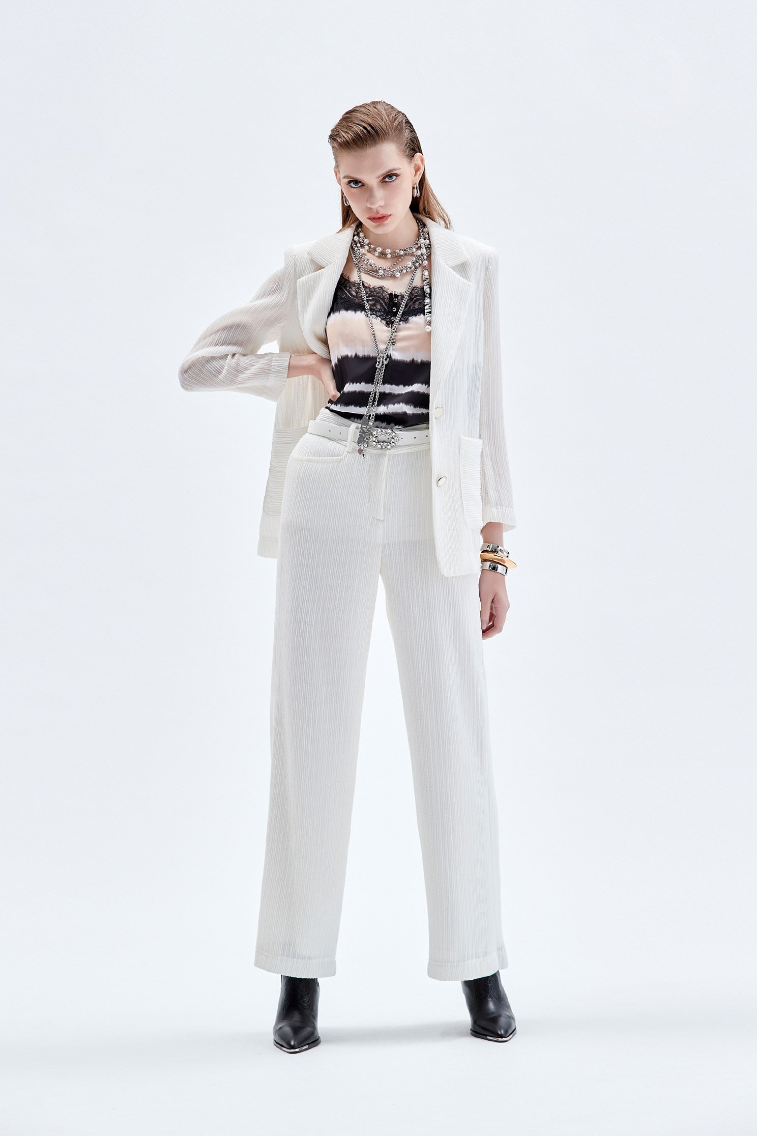 Wide Leg White Pants奶白色彈性坑條直筒寬褲,Culottes,Season (AW) Look,Culottes