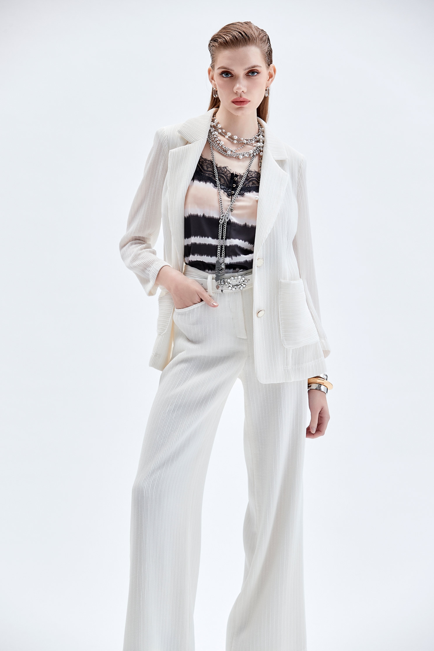 Wide Leg White Pants奶白色彈性坑條直筒寬褲,Culottes,Season (AW) Look,Culottes