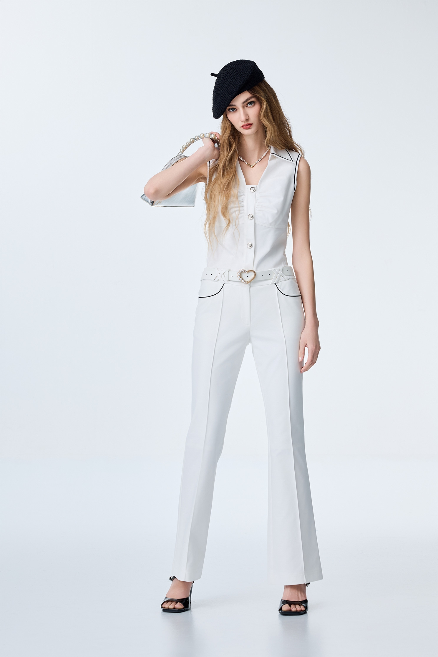 Overlap Belt Loop Boot Leg PantsOverlap Belt Loop Boot Leg Pants,Bell-bottoms,Season (SS) Look,White pants,pants