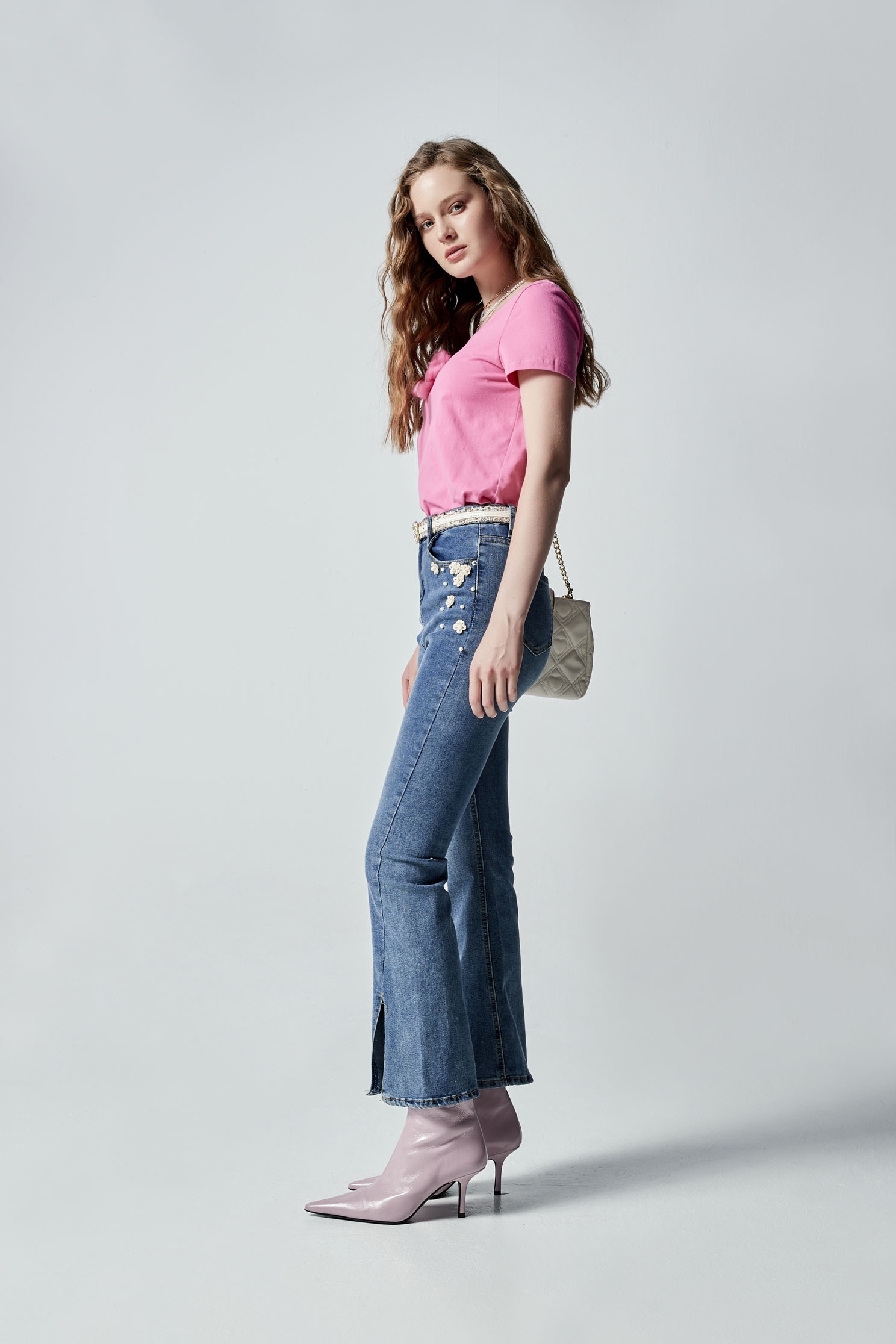 Front Slit Jeans With Floral Applique DetailFront Slit Jeans With Floral Applique Detail,Bell-bottoms,Denim,Jeans,Denim pants,pearl,Season (AW) Look,Bell-bottoms,Pants