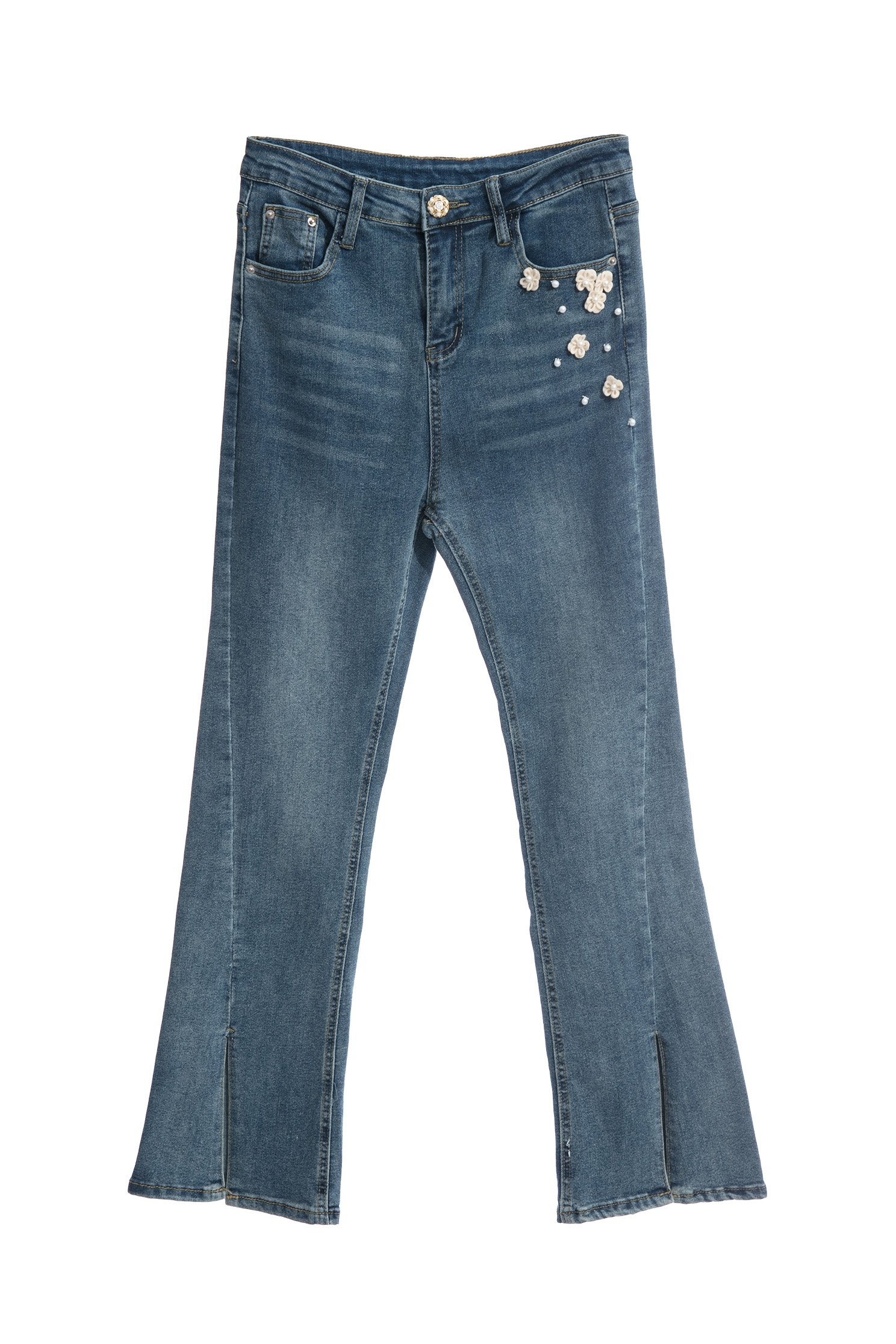 Front Slit Jeans With Floral Applique DetailFront Slit Jeans With Floral Applique Detail,Bell-bottoms,Denim,Jeans,Denim pants,pearl,Season (AW) Look,Bell-bottoms,Pants