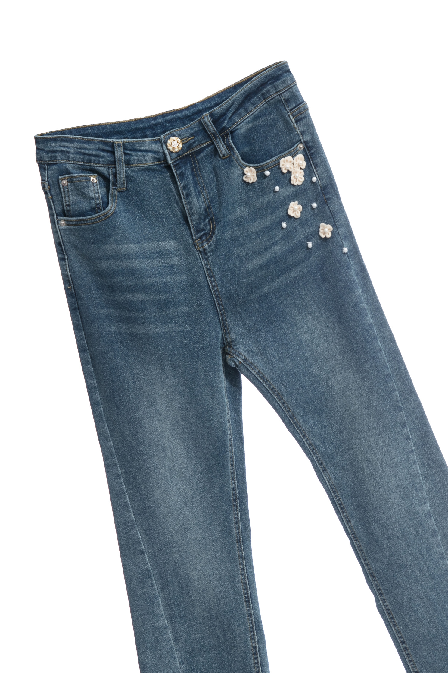 Front Slit Jeans With Floral Applique DetailFront Slit Jeans With Floral Applique Detail,Bell-bottoms,Denim,Jeans,Denim pants,pearl,Season (AW) Look,Bell-bottoms,Pants