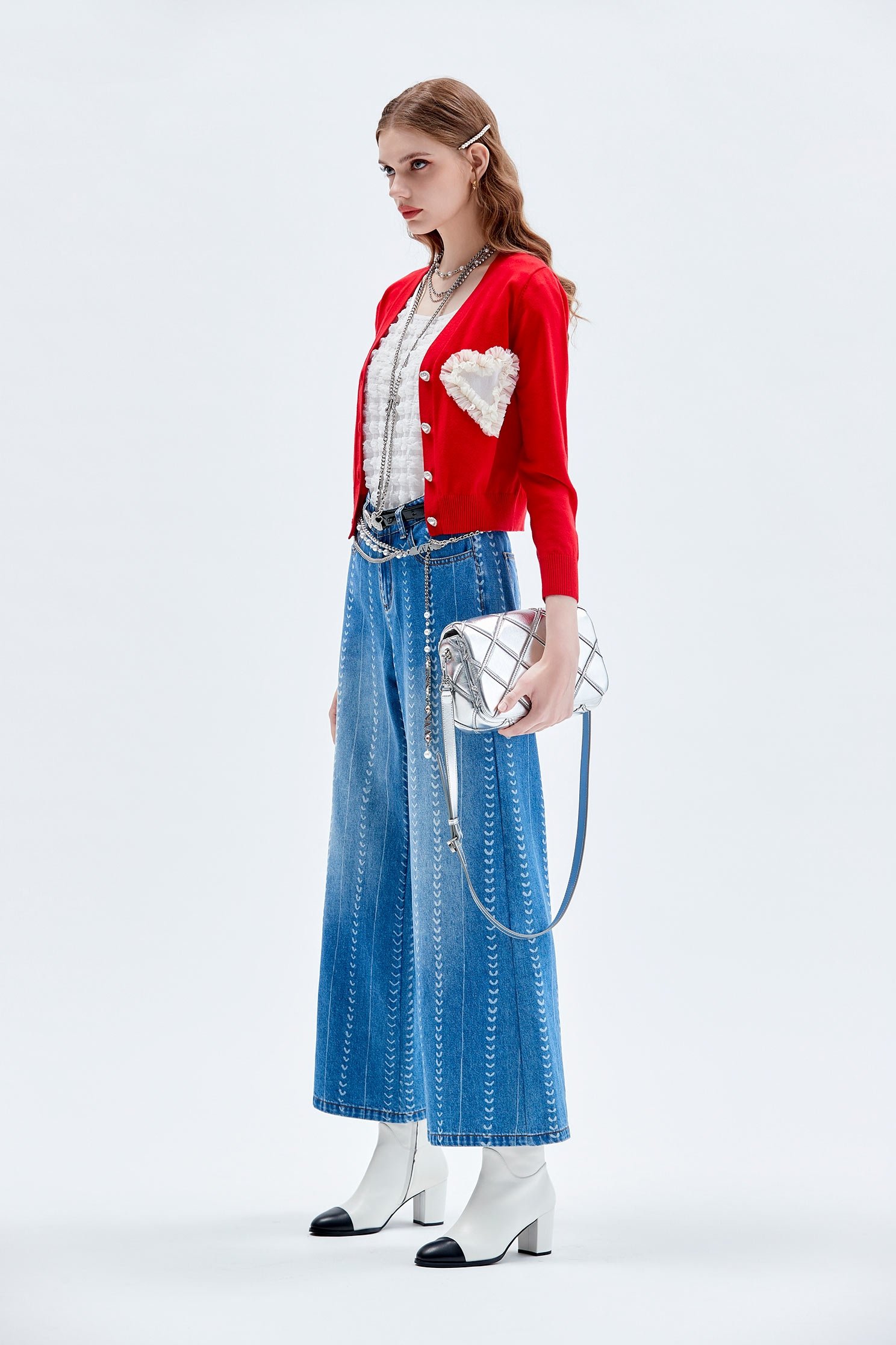 Heart Embroidery Wide Leg JeansHeart Embroidery Wide Leg Jeans,Denim,Jeans,Season (AW) Look,Pants