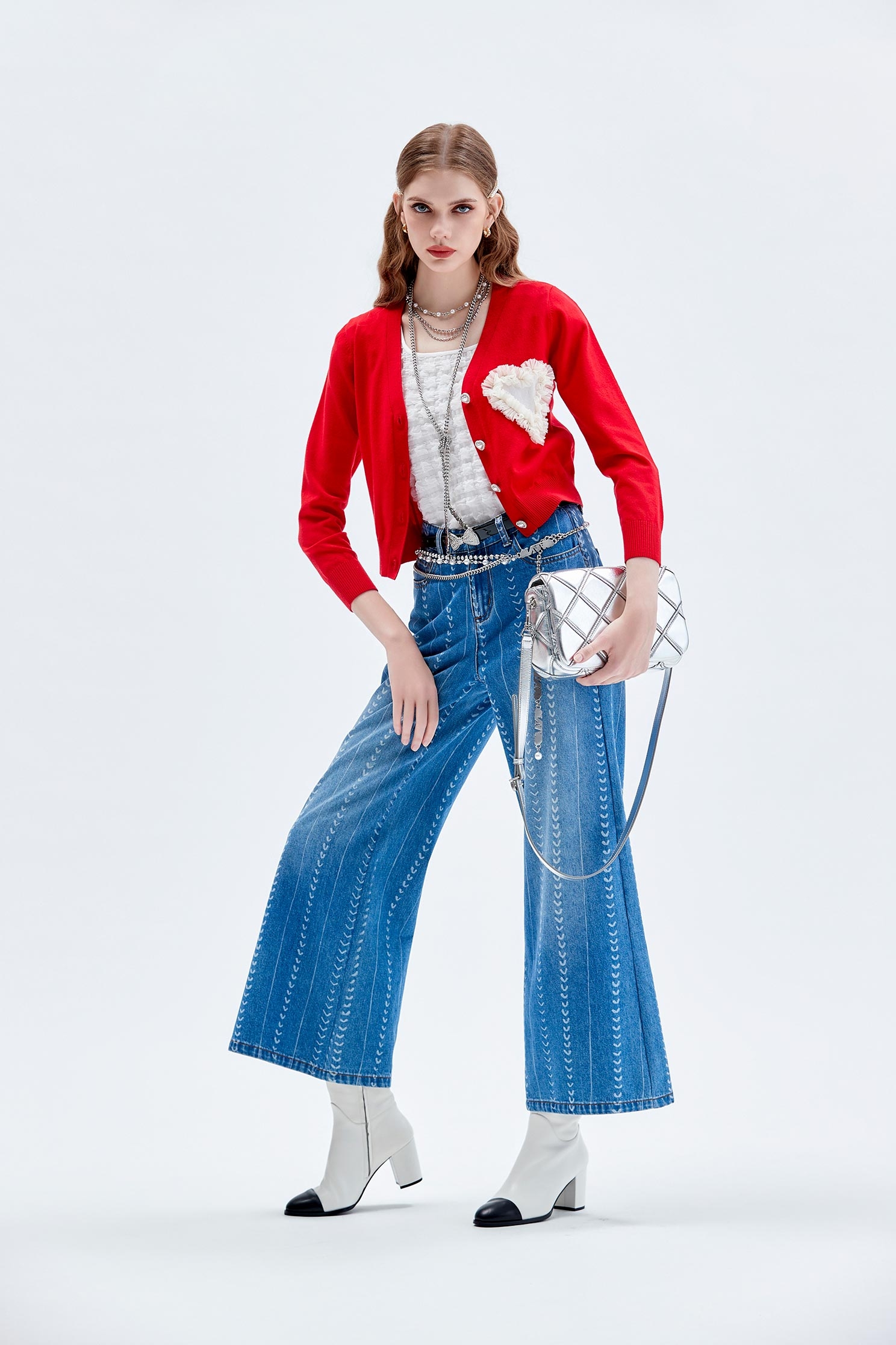 Heart Embroidery Wide Leg JeansHeart Embroidery Wide Leg Jeans,Denim,Jeans,Season (AW) Look,Pants