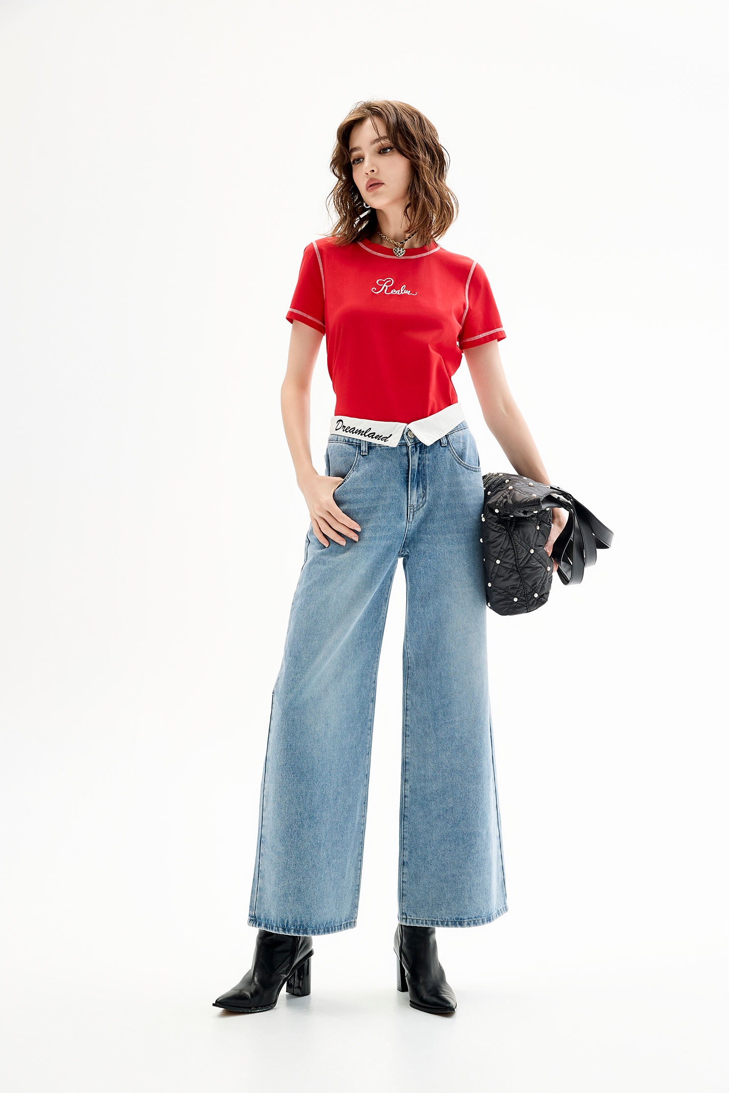 Wide Leg Contrast Waistband JeansWide Leg Contrast Waistband Jeans,Embroidered,Denim,Jeans,Denim pants,Season (AW) Look,Pants