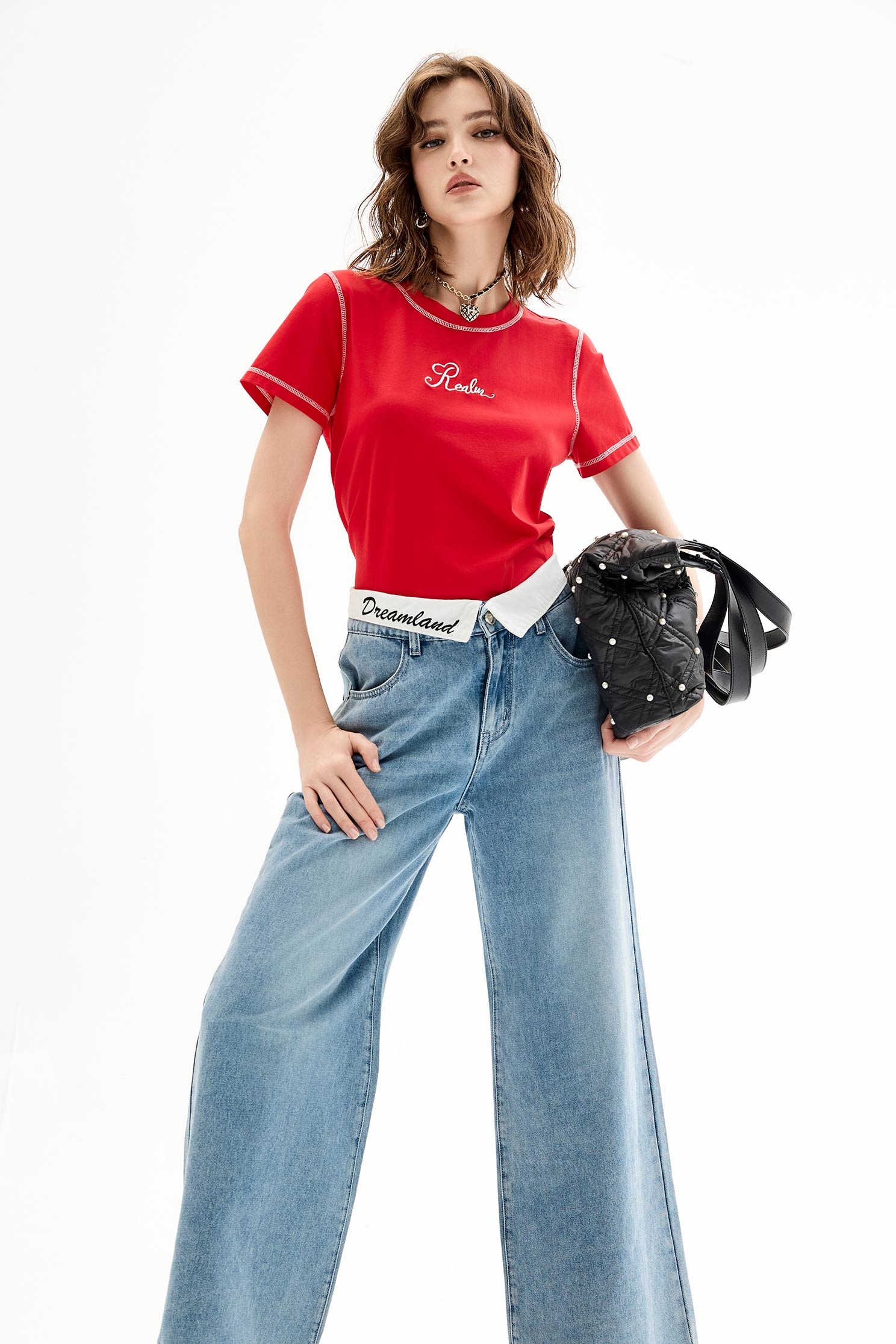 Wide Leg Contrast Waistband JeansWide Leg Contrast Waistband Jeans,Embroidered,Denim,Jeans,Denim pants,Season (AW) Look,Pants