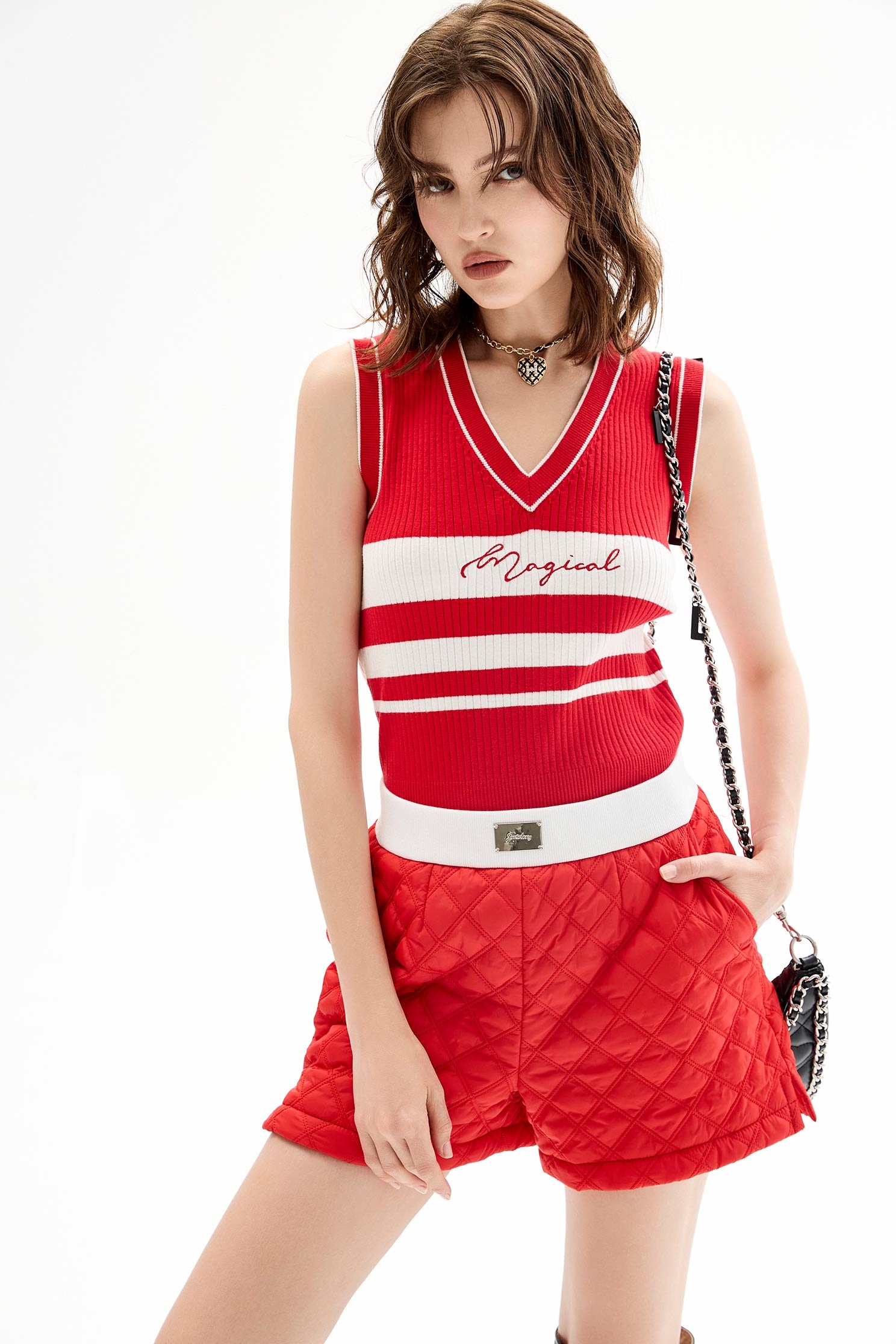 Red Quilted Shorts With Contrast WaistbandRed Quilted Shorts With Contrast Waistband,Shorts,Season (AW) Look