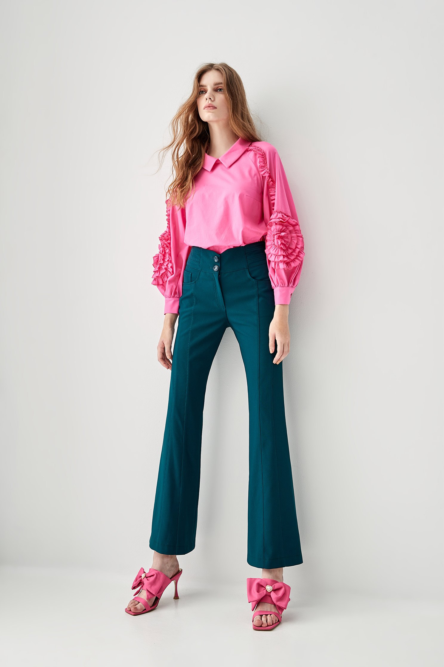 Dark Teal Green Boot Leg PantsCopper-green flared trousers,Bell-bottoms,Season (SS) Look,Stripe,Bell-bottoms,Tailored pants,Pants