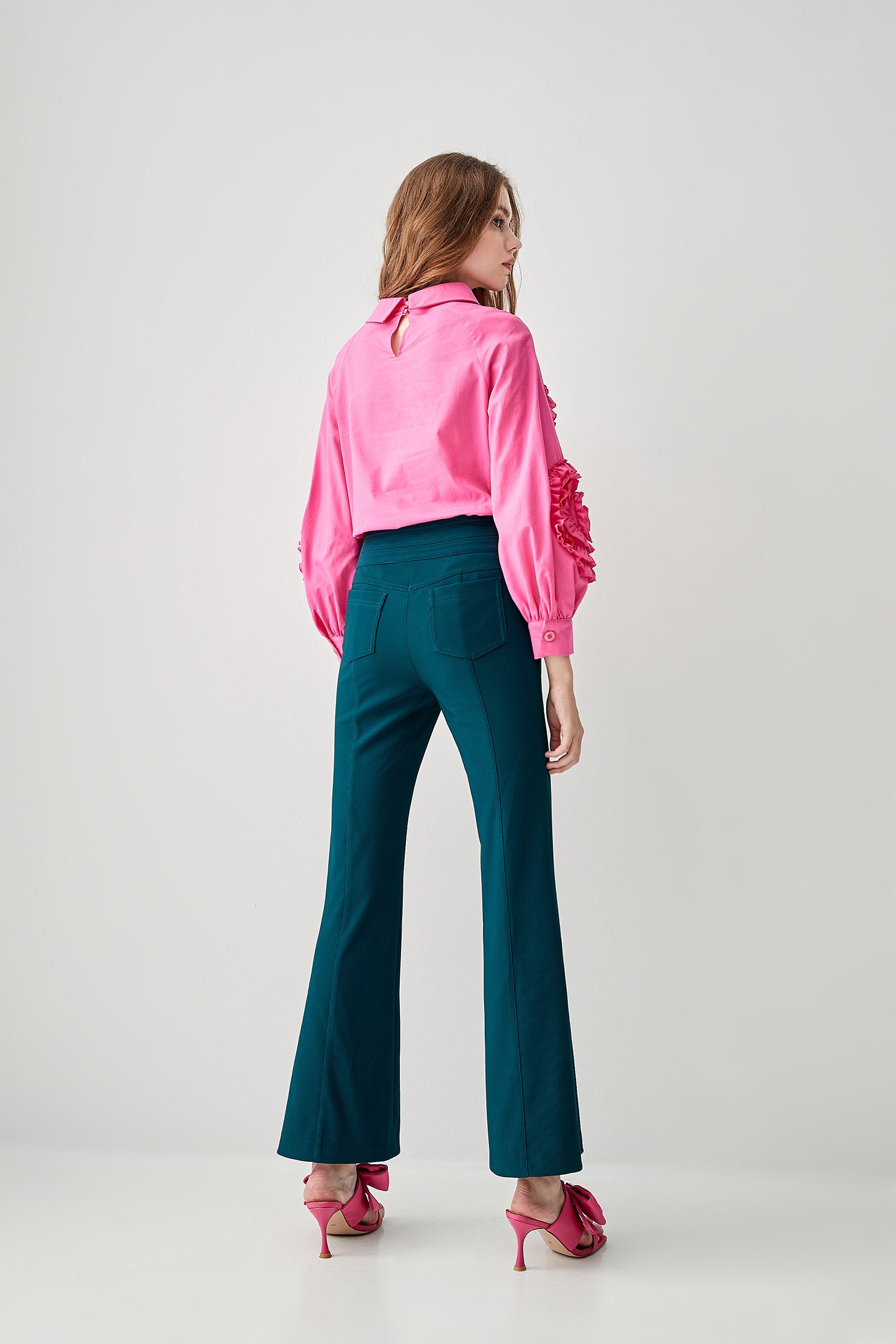 Dark Teal Green Boot Leg PantsCopper-green flared trousers,Bell-bottoms,Season (SS) Look,Stripe,Bell-bottoms,Tailored pants,Pants