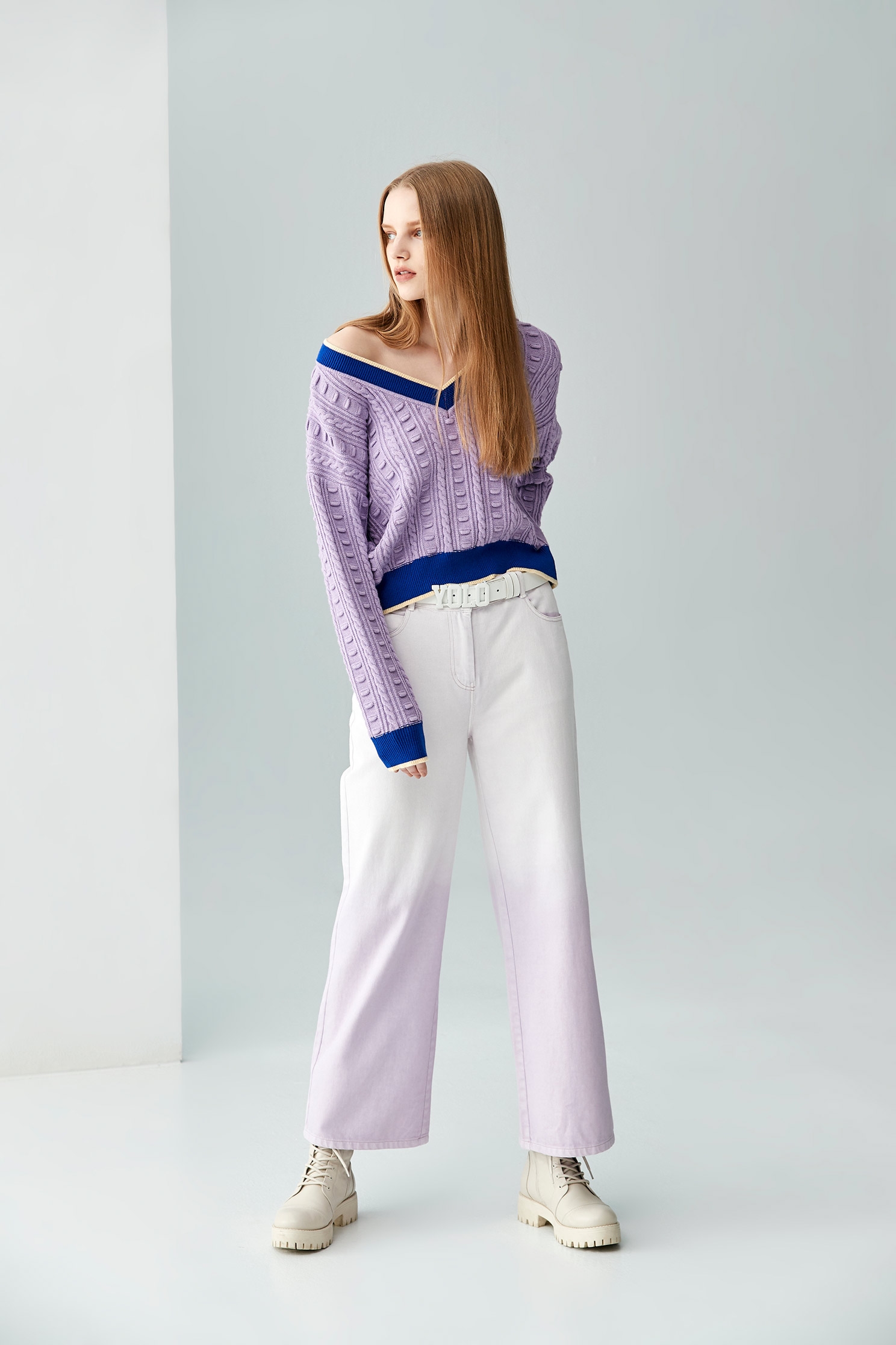 Two Tone Wide-Leg JeansGradient purple denim wide pants,Culottes,Season (SS) Look,Denim,Cotton,Wide-leg jeans,upperclass