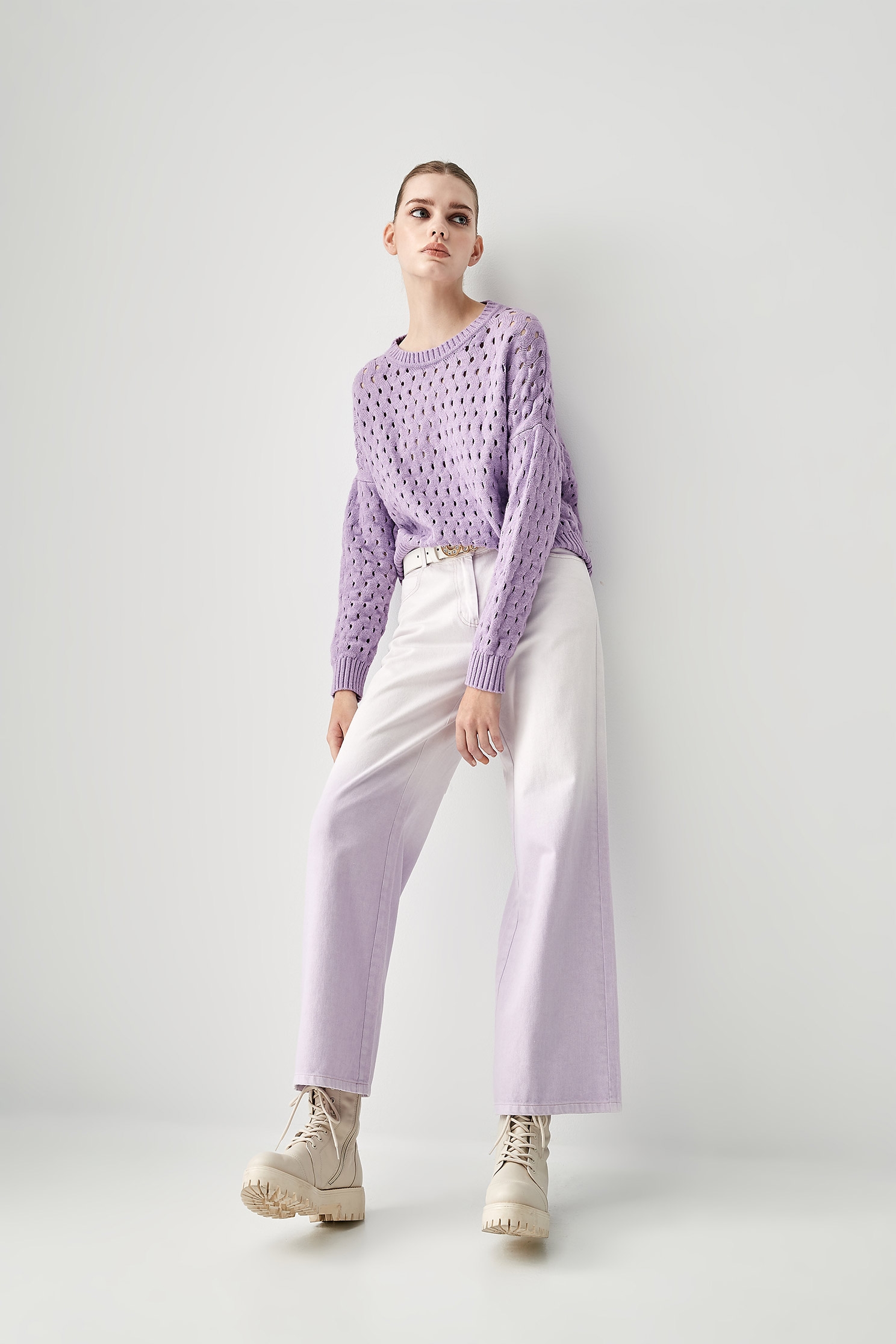 Two Tone Wide-Leg JeansGradient purple denim wide pants,Culottes,Season (SS) Look,Denim,Cotton,Wide-leg jeans,upperclass