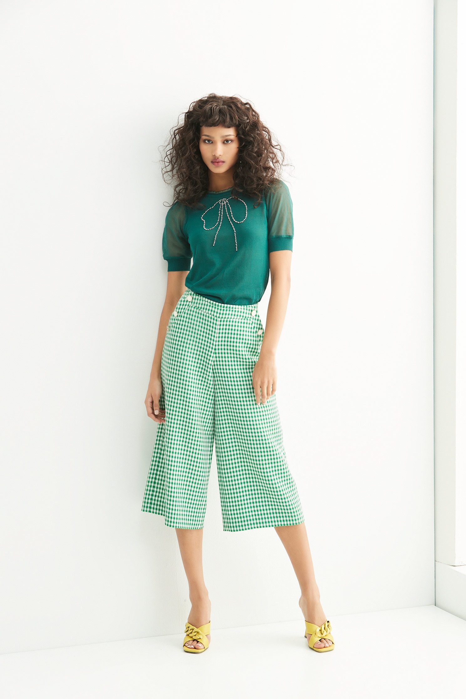 Green Plaid Wide Leg Pants.,Culottes,Season (SS) Look,Plaid,Culottes