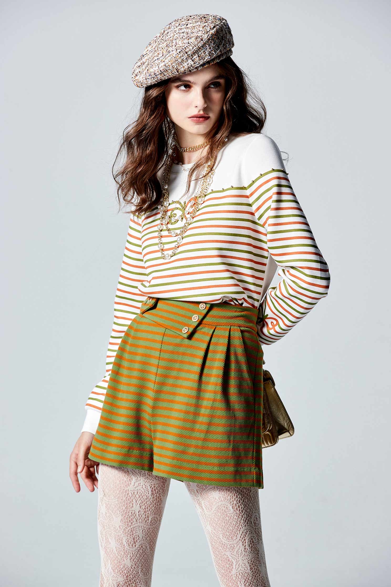 Green With Orange Stripe Print ShortsGreen With Orange Stripe Print Shorts,Embroidered,Shorts,Season (AW) Look