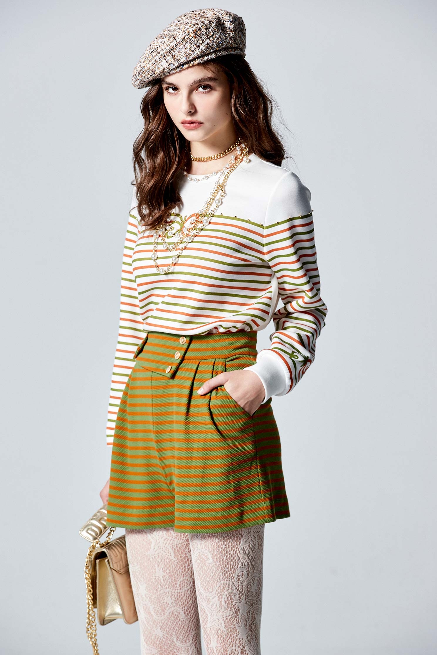 Green With Orange Stripe Print ShortsGreen With Orange Stripe Print Shorts,Embroidered,Shorts,Season (AW) Look