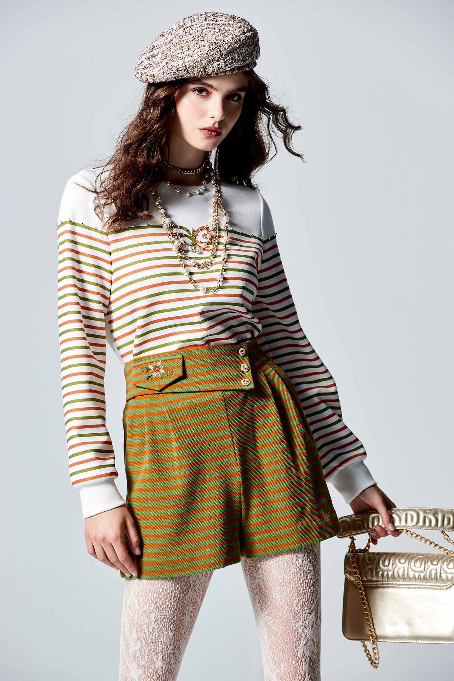 Green With Orange Stripe Print ShortsGreen With Orange Stripe Print Shorts,Embroidered,Shorts,Season (AW) Look