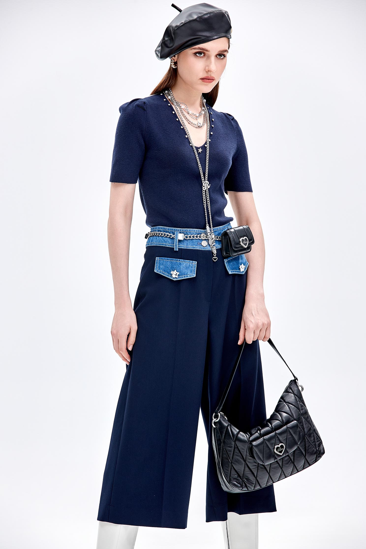 Contrast Denim Wide Leg Navy PantsContrast Denim Wide Leg Navy Pants,Culottes,Denim,Season (AW) Look,Wide-leg jeans