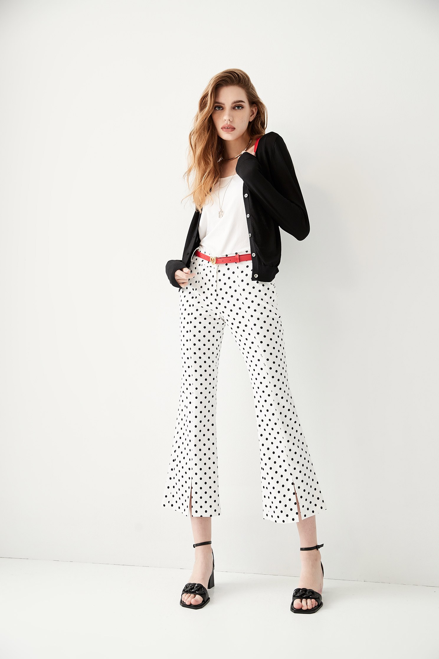 Polka Dot Front Slit PantsCropped pants with polka dot print,Bell-bottoms,summer-special,Season (SS) Look,Bell-bottoms,Tailored pants