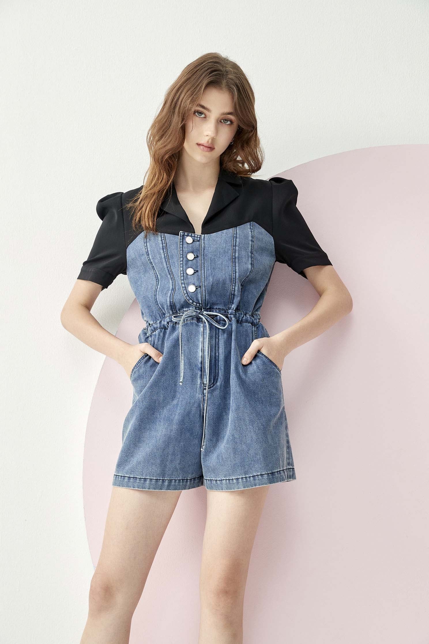 Drawstring Splicing Denim JumpsuitDrawstring Splicing Denim Jumpsuit,Season (SS) Look,Denim,Jumpsuits