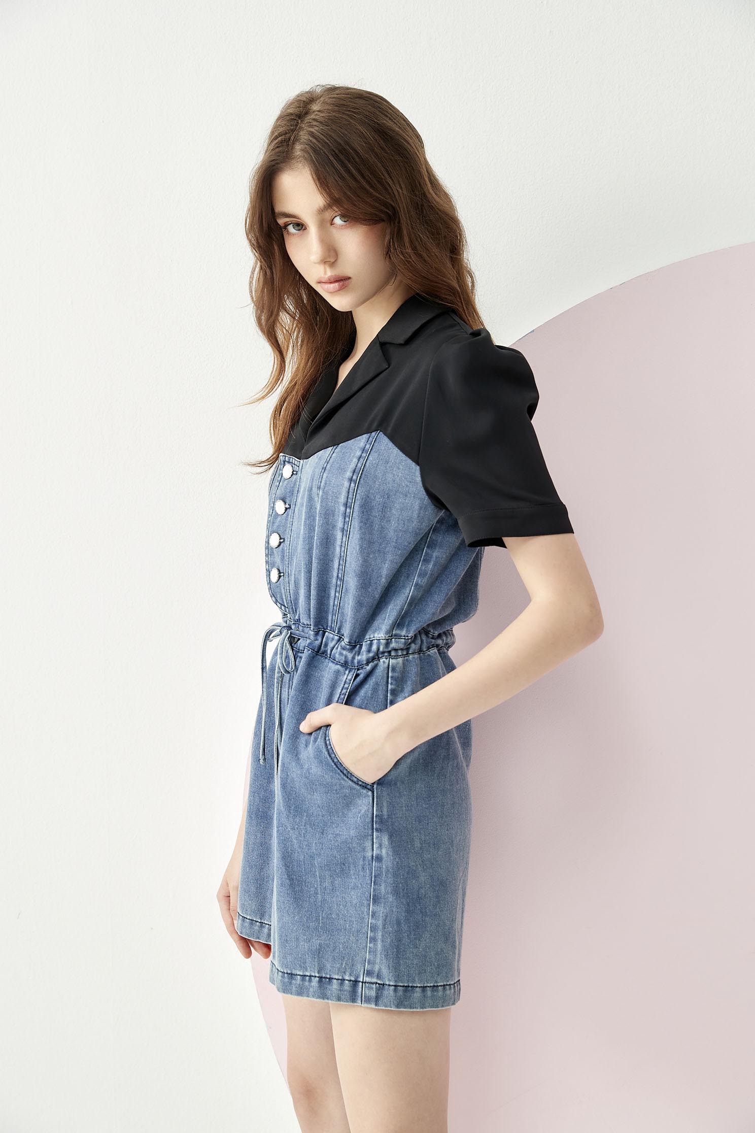 Drawstring Splicing Denim JumpsuitDrawstring Splicing Denim Jumpsuit,Season (SS) Look,Denim,Jumpsuits