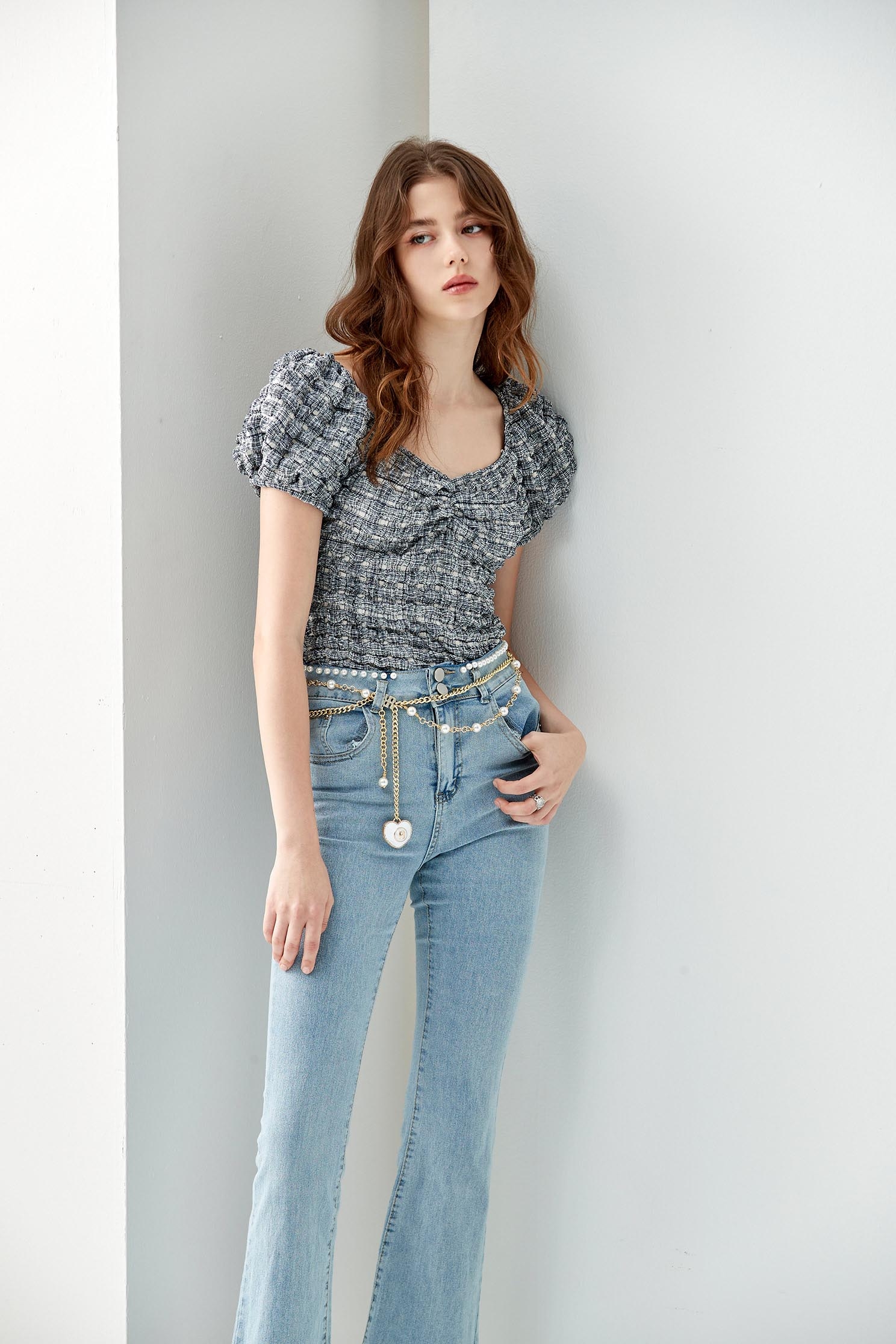 Basic Boot Leg JeansDenim flared pants with pearl waistband,Office Looks,Bell-bottoms,Season (SS) Look,Denim,Jeans,pearl,Cotton,Bell-bottoms