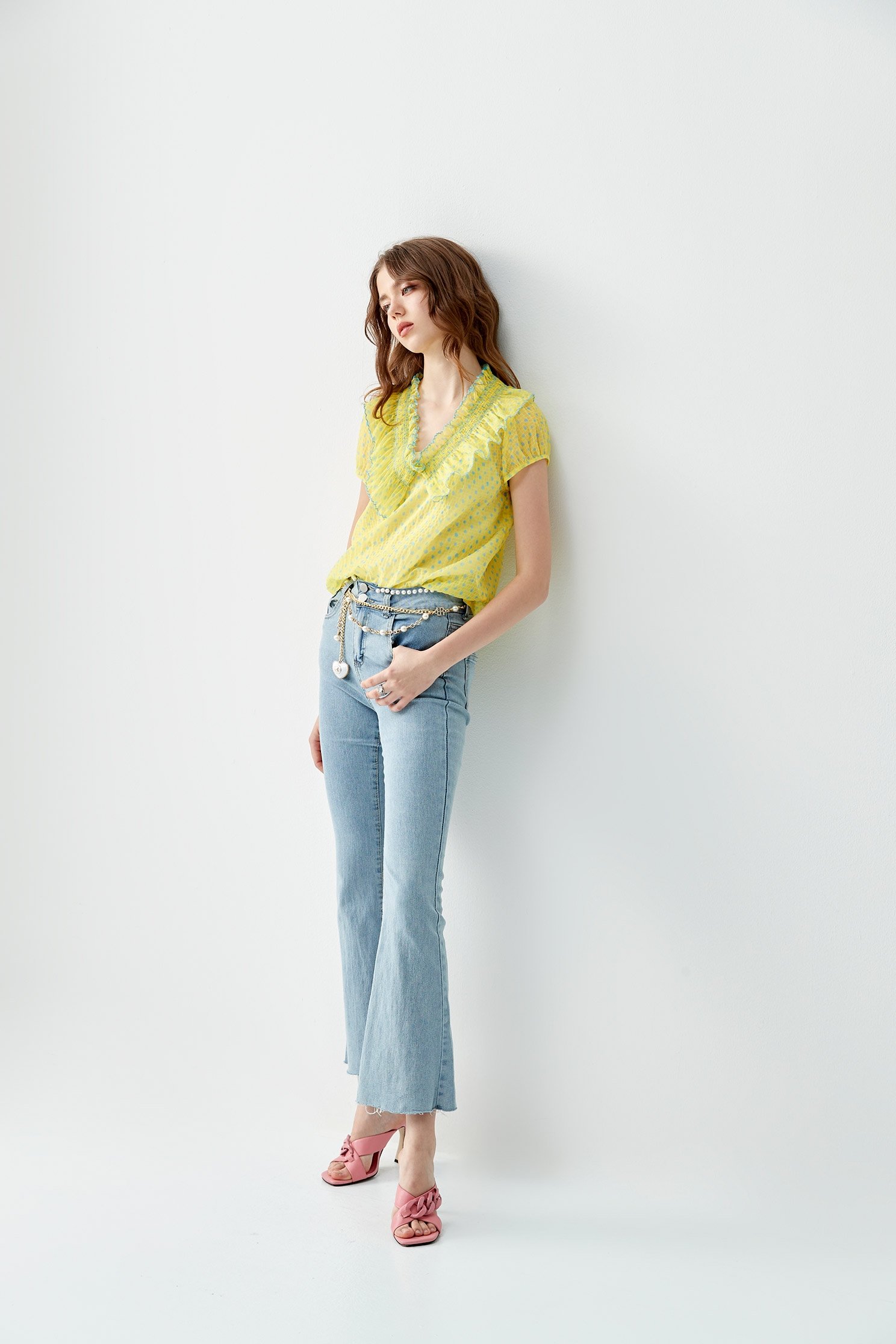 Basic Boot Leg JeansDenim flared pants with pearl waistband,Office Looks,Bell-bottoms,Season (SS) Look,Denim,Jeans,pearl,Cotton,Bell-bottoms