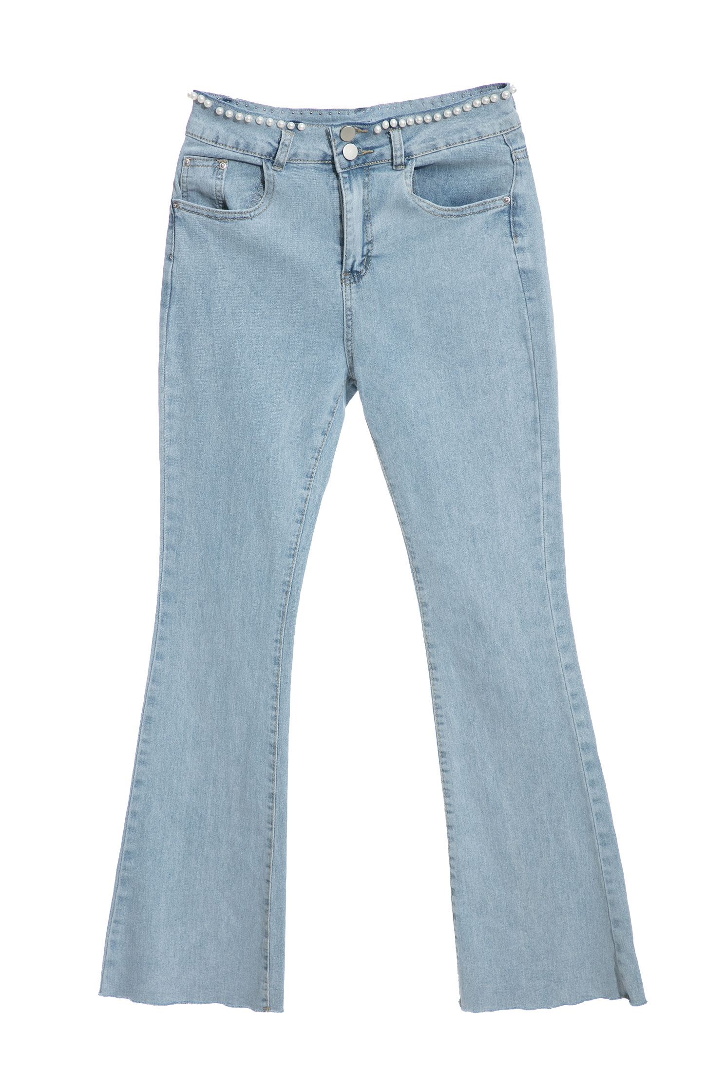 Basic Boot Leg JeansDenim flared pants with pearl waistband,Office Looks,Bell-bottoms,Season (SS) Look,Denim,Jeans,pearl,Cotton,Bell-bottoms