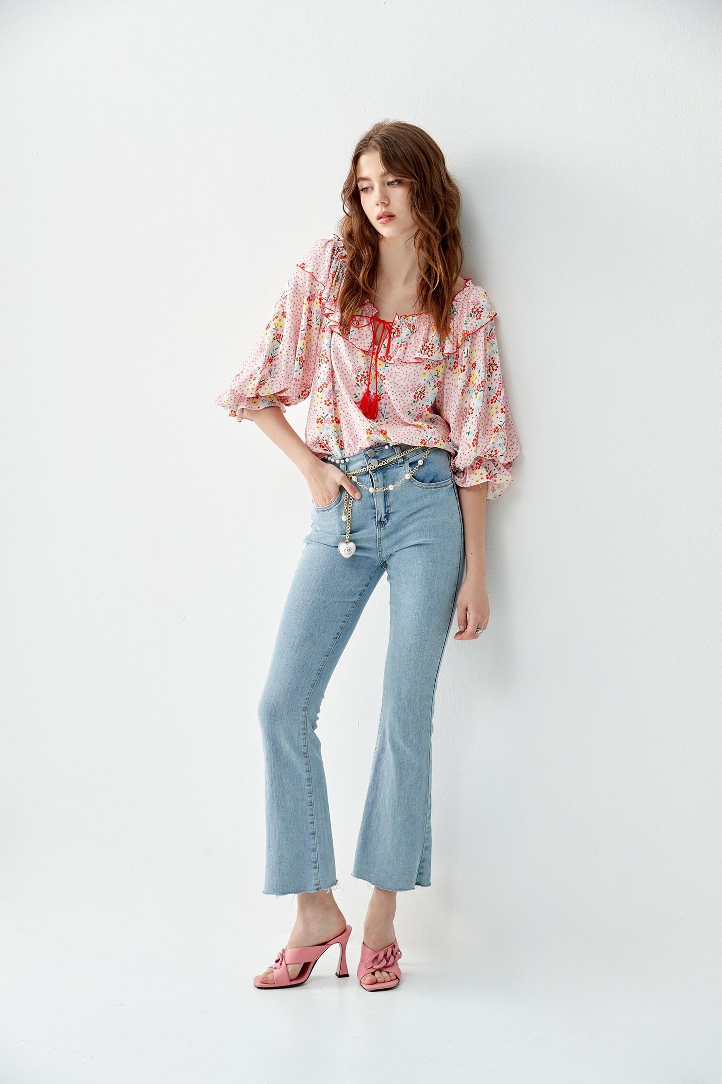 Basic Boot Leg JeansDenim flared pants with pearl waistband,Office Looks,Bell-bottoms,Season (SS) Look,Denim,Jeans,pearl,Cotton,Bell-bottoms