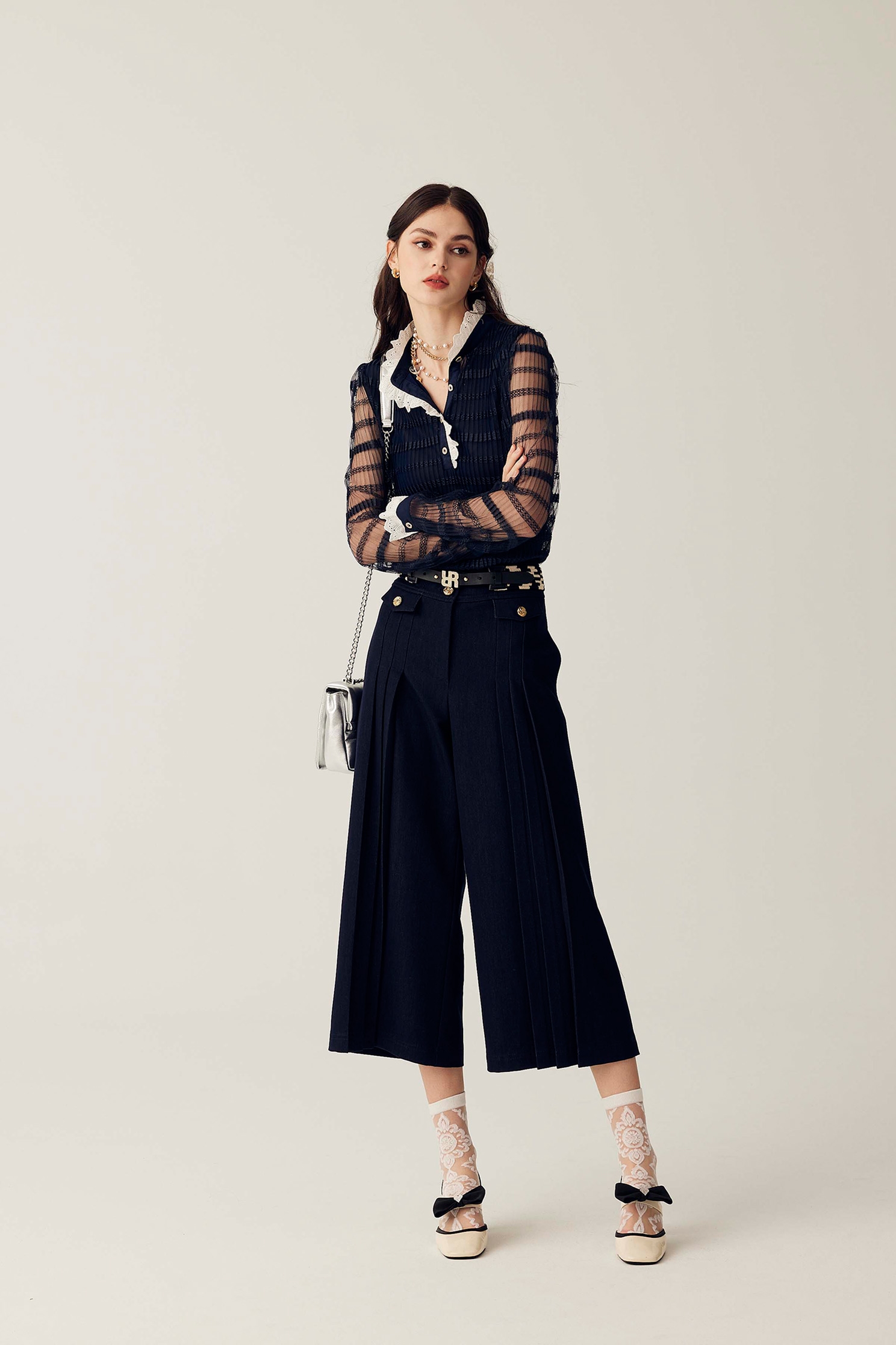 Navy Pleated Wide Leg PantsNavy Pleated Wide Leg Pants,Culottes,Season (SS) Look,Denim,Shorts,Culottes