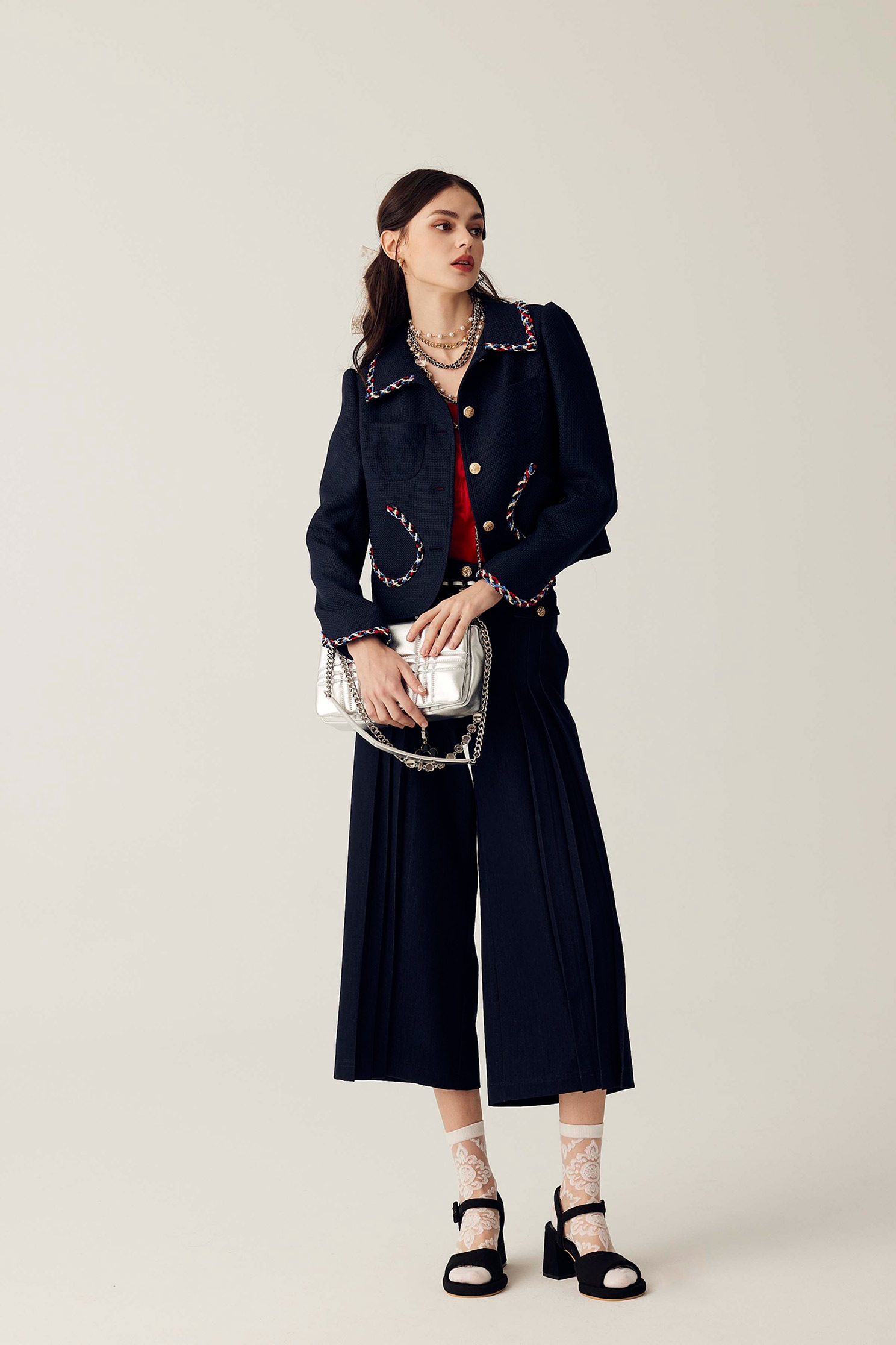 Navy Pleated Wide Leg PantsNavy Pleated Wide Leg Pants,Culottes,Season (SS) Look,Denim,Shorts,Culottes