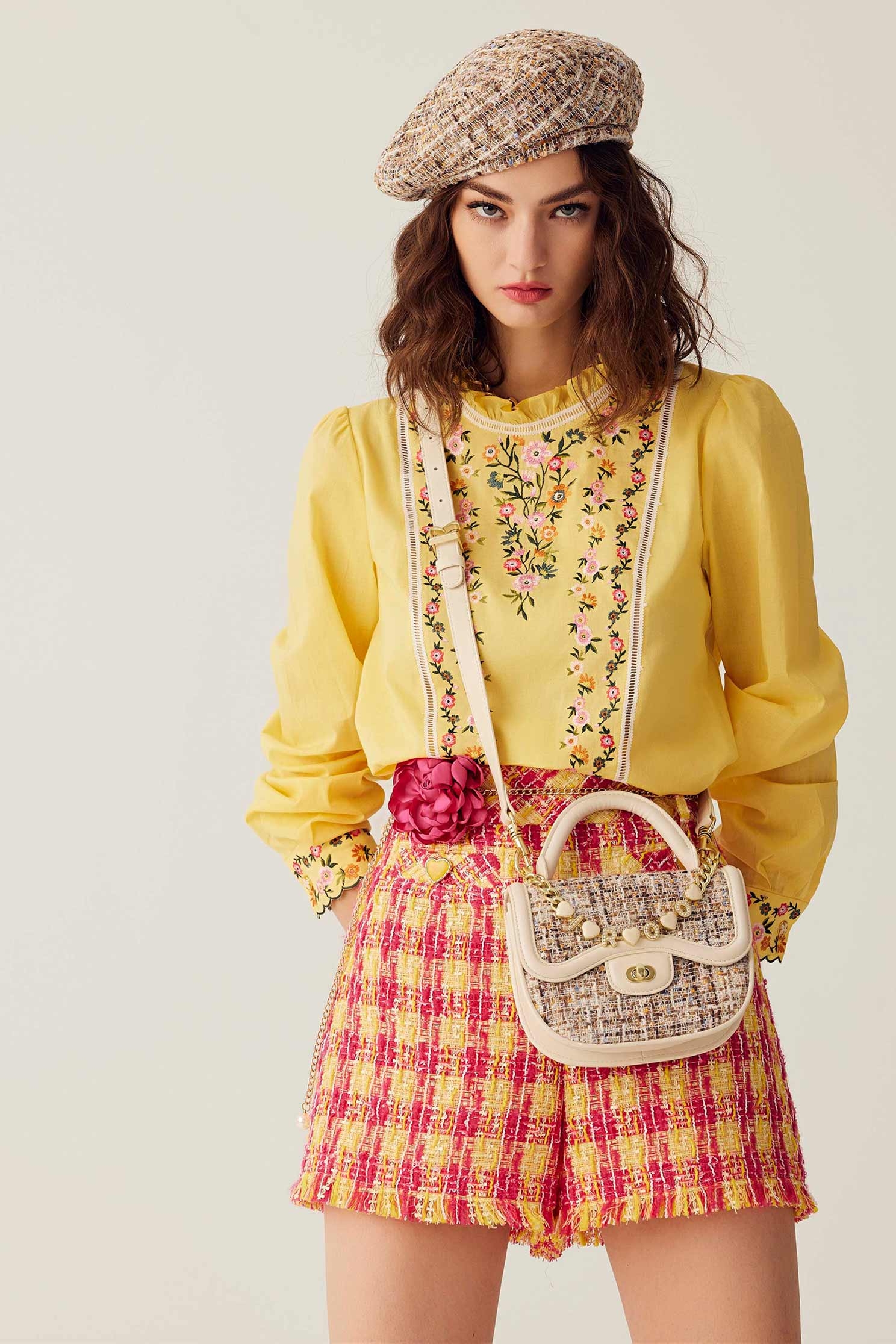 Yellow Red Checkered Tweed ShortsYellow Red Checkered Tweed Shorts,Season (SS) Look,Plaid,Shorts