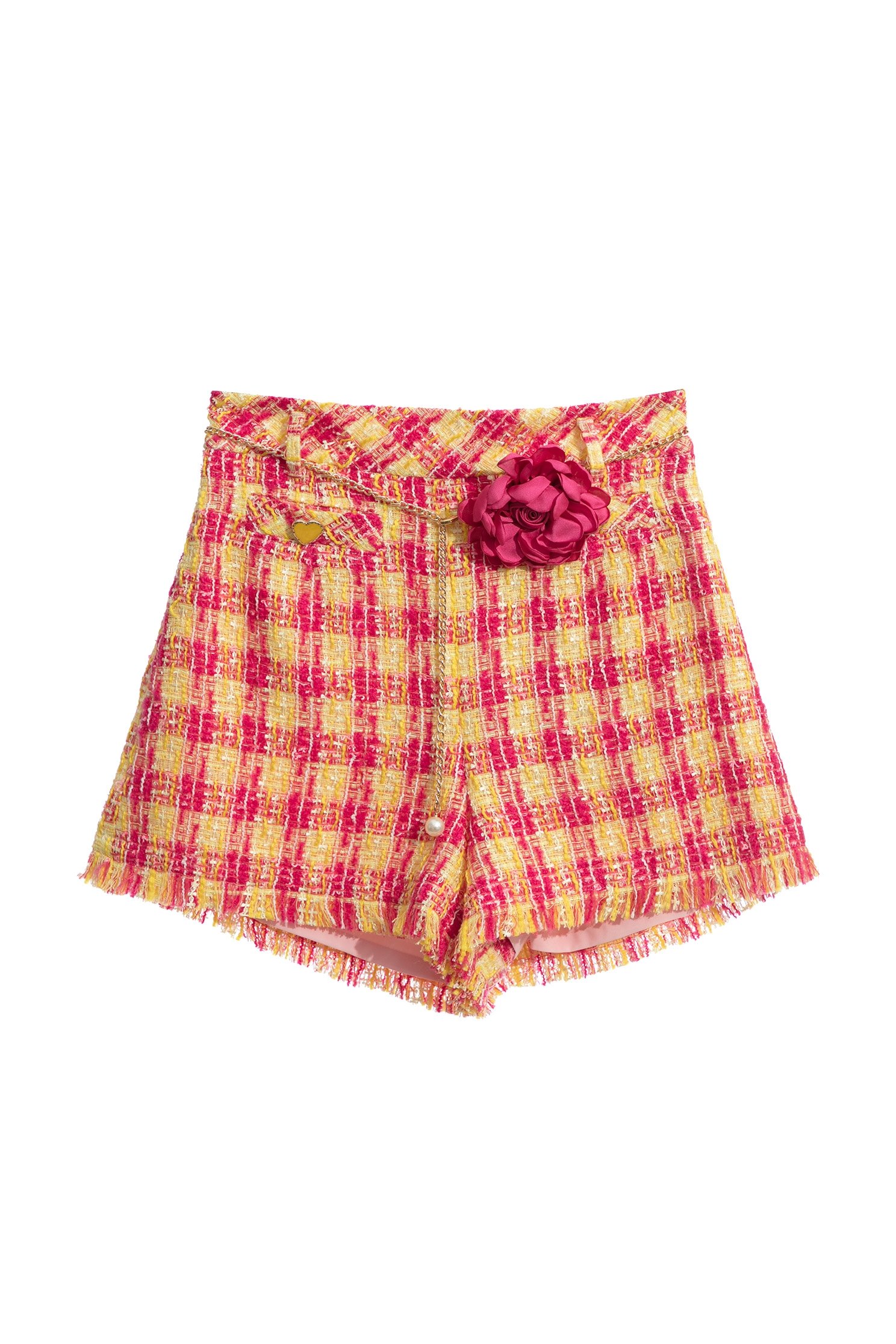 Yellow Red Checkered Tweed ShortsYellow Red Checkered Tweed Shorts,Season (SS) Look,Plaid,Shorts