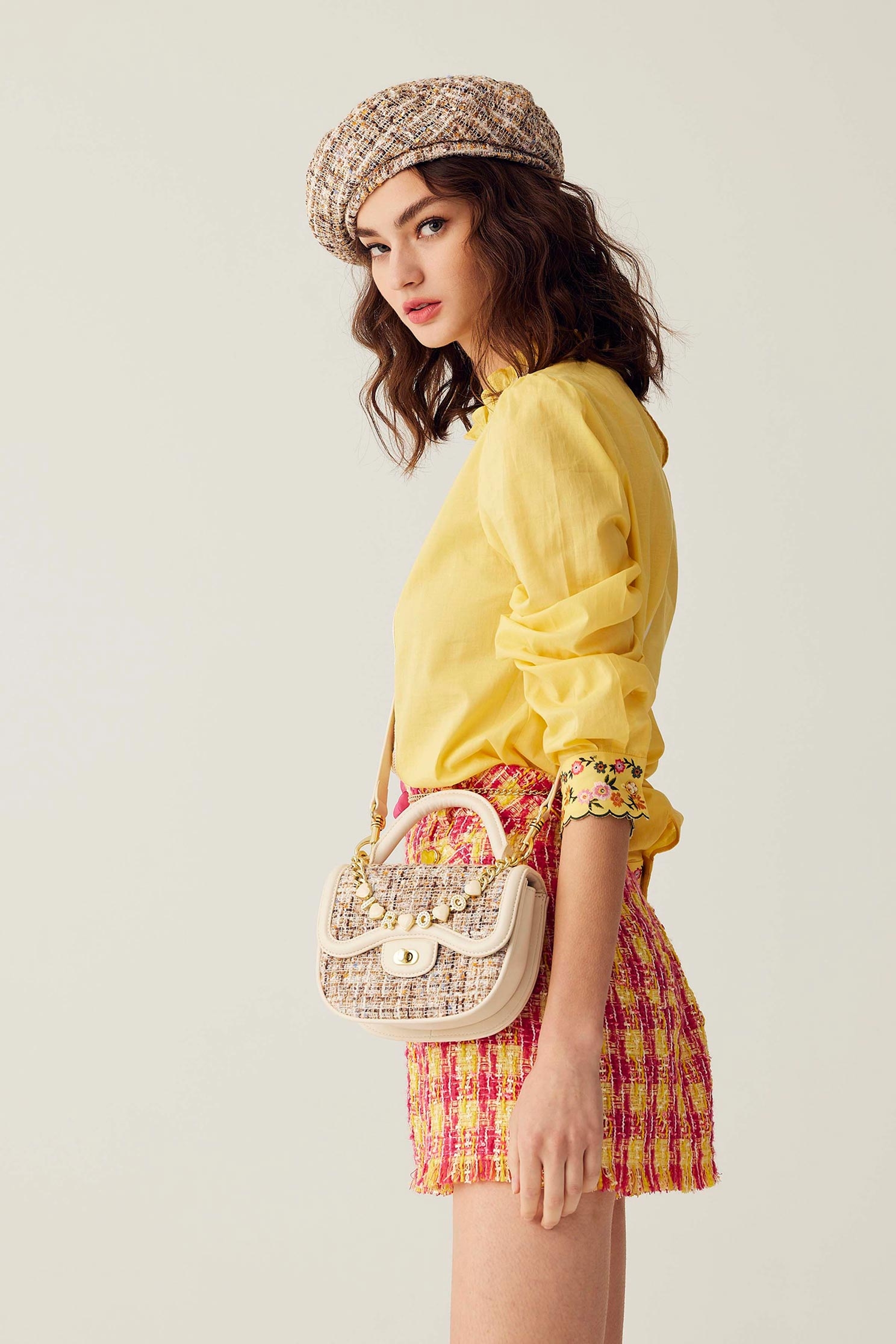 Yellow Red Checkered Tweed ShortsYellow Red Checkered Tweed Shorts,Season (SS) Look,Plaid,Shorts