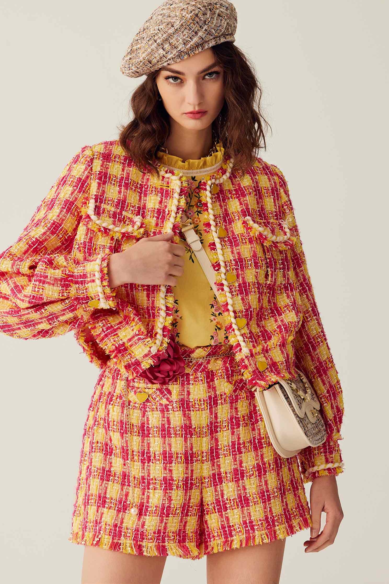 Yellow Red Checkered Tweed ShortsYellow Red Checkered Tweed Shorts,Season (SS) Look,Plaid,Shorts