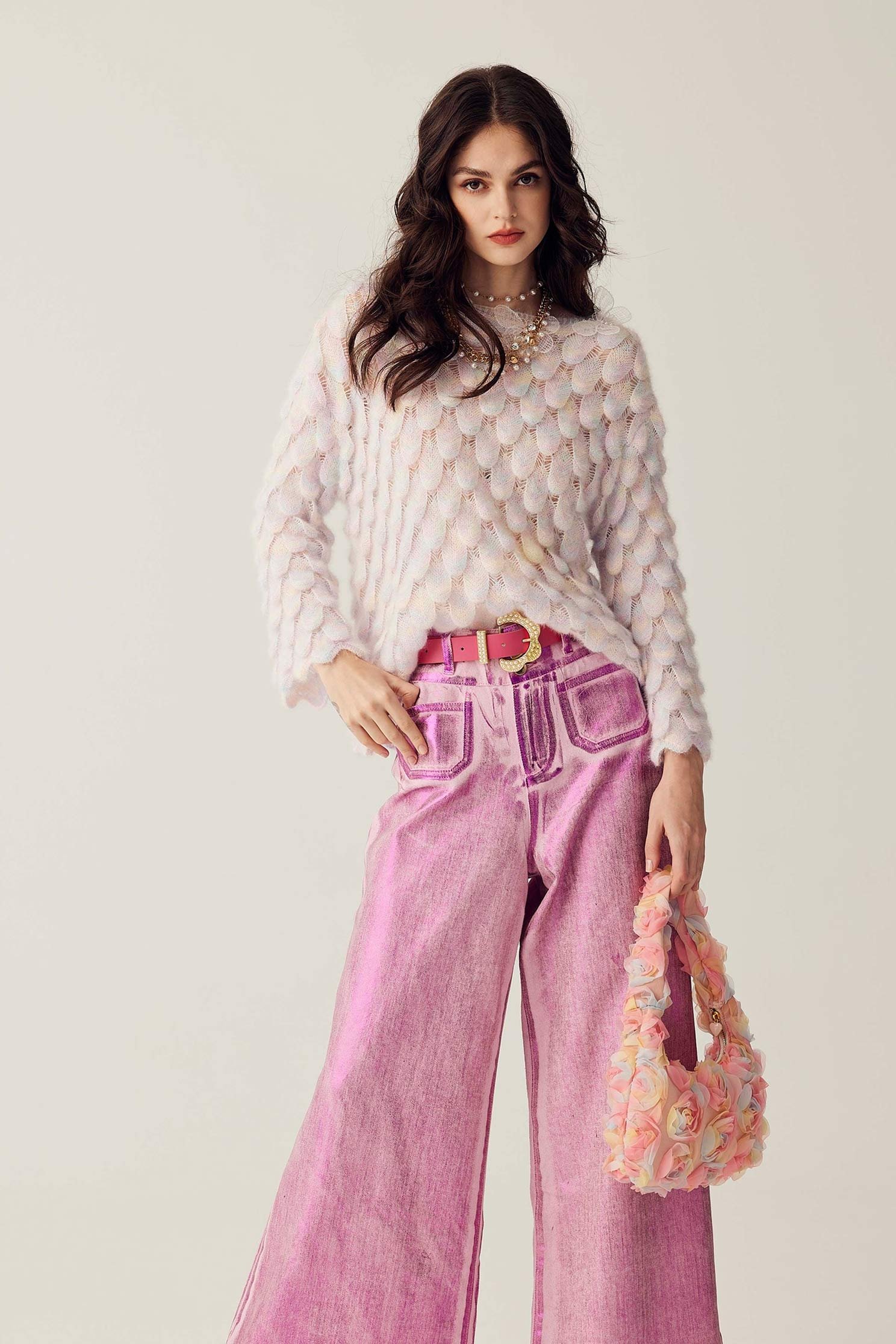 Metallic Foil Pattern Pink JeansMetallic Foil Pattern Pink Jeans,Season (SS) Look,Denim,Denim pants,Cotton,Wide-leg jeans,Pants