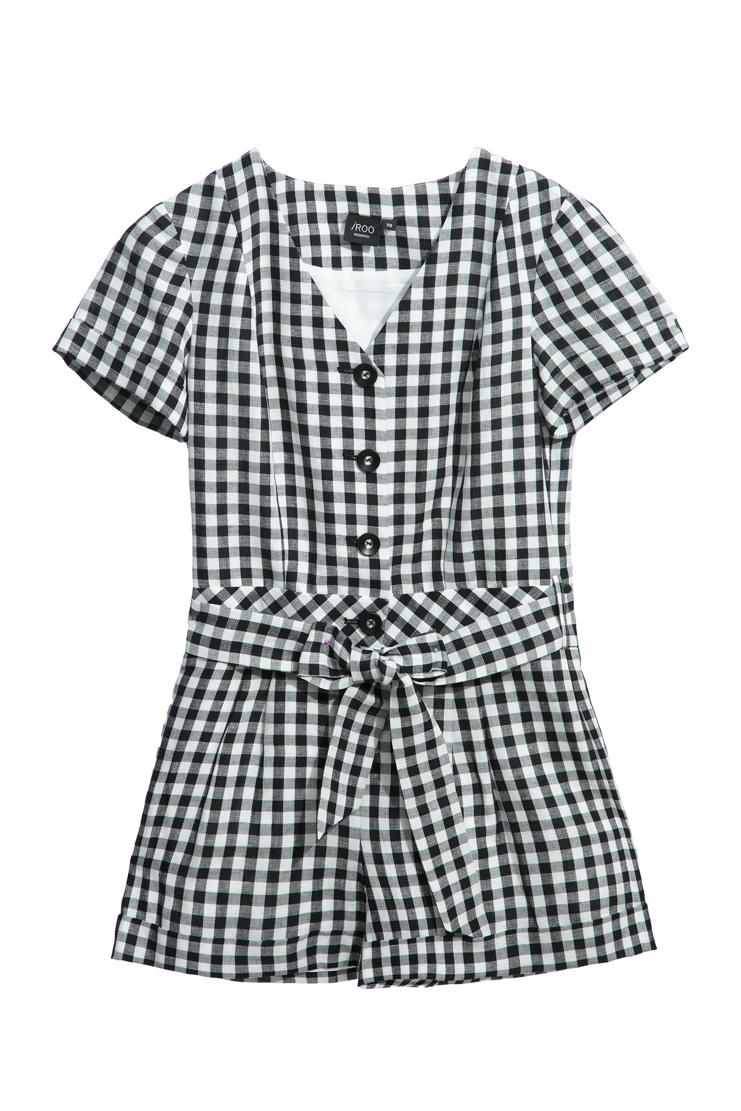 Button Front Short Sleeve Checkered JumpsuitLace-up dress with small checked print,Office Looks,Season (SS) Look,Plaid,Back To Classic,upperclass,Jumpsuits,Back To B/W