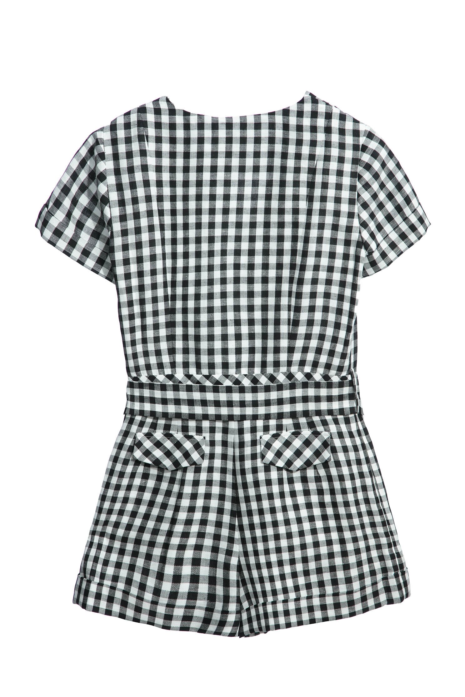 Button Front Short Sleeve Checkered JumpsuitLace-up dress with small checked print,Office Looks,Season (SS) Look,Plaid,Back To Classic,upperclass,Jumpsuits,Back To B/W