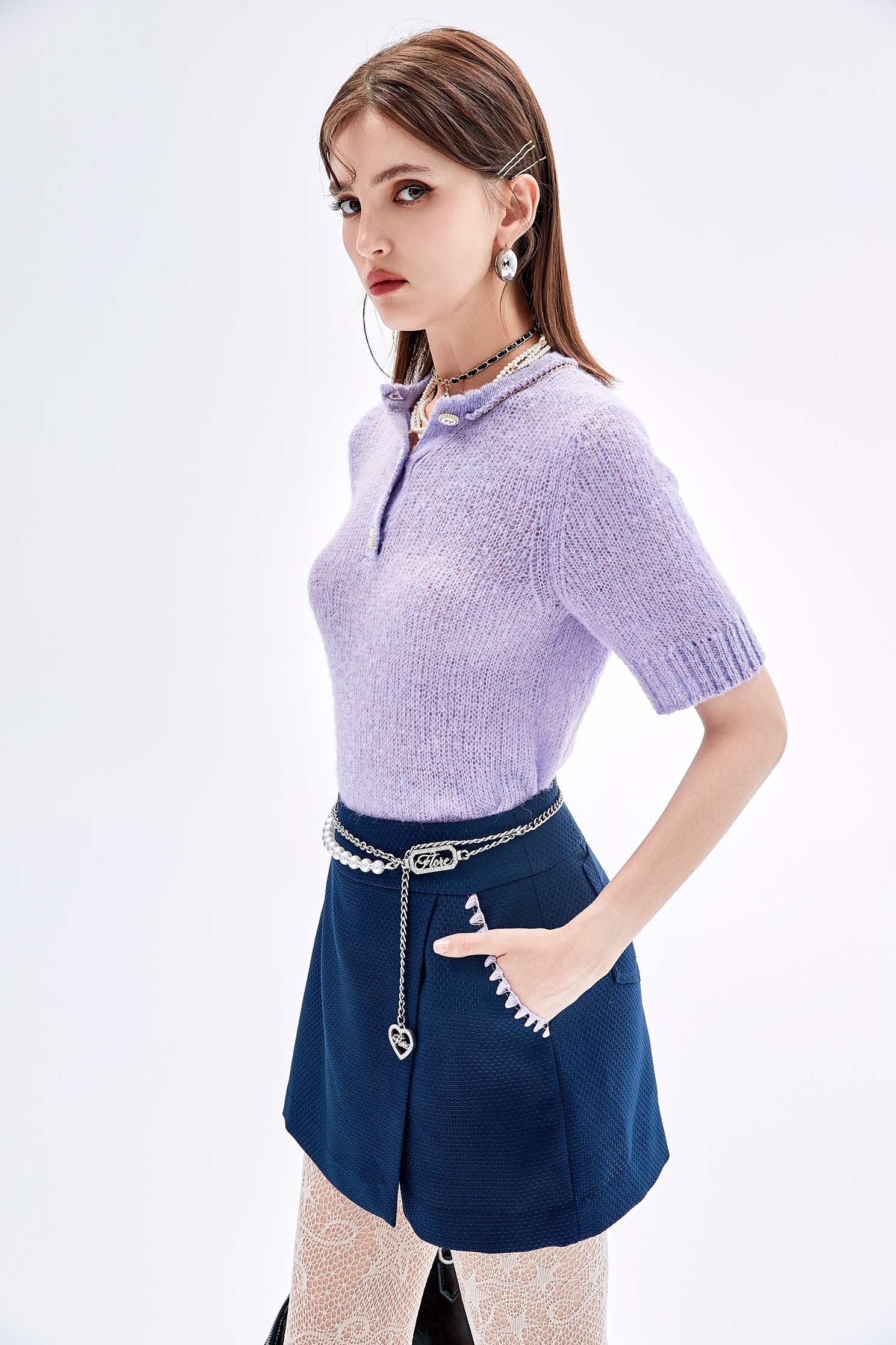 Purple Trim Detail Navy SkortsPurple Trim Detail Navy Skorts,Embroidered,Season (SS) Look,Shorts,Skorts