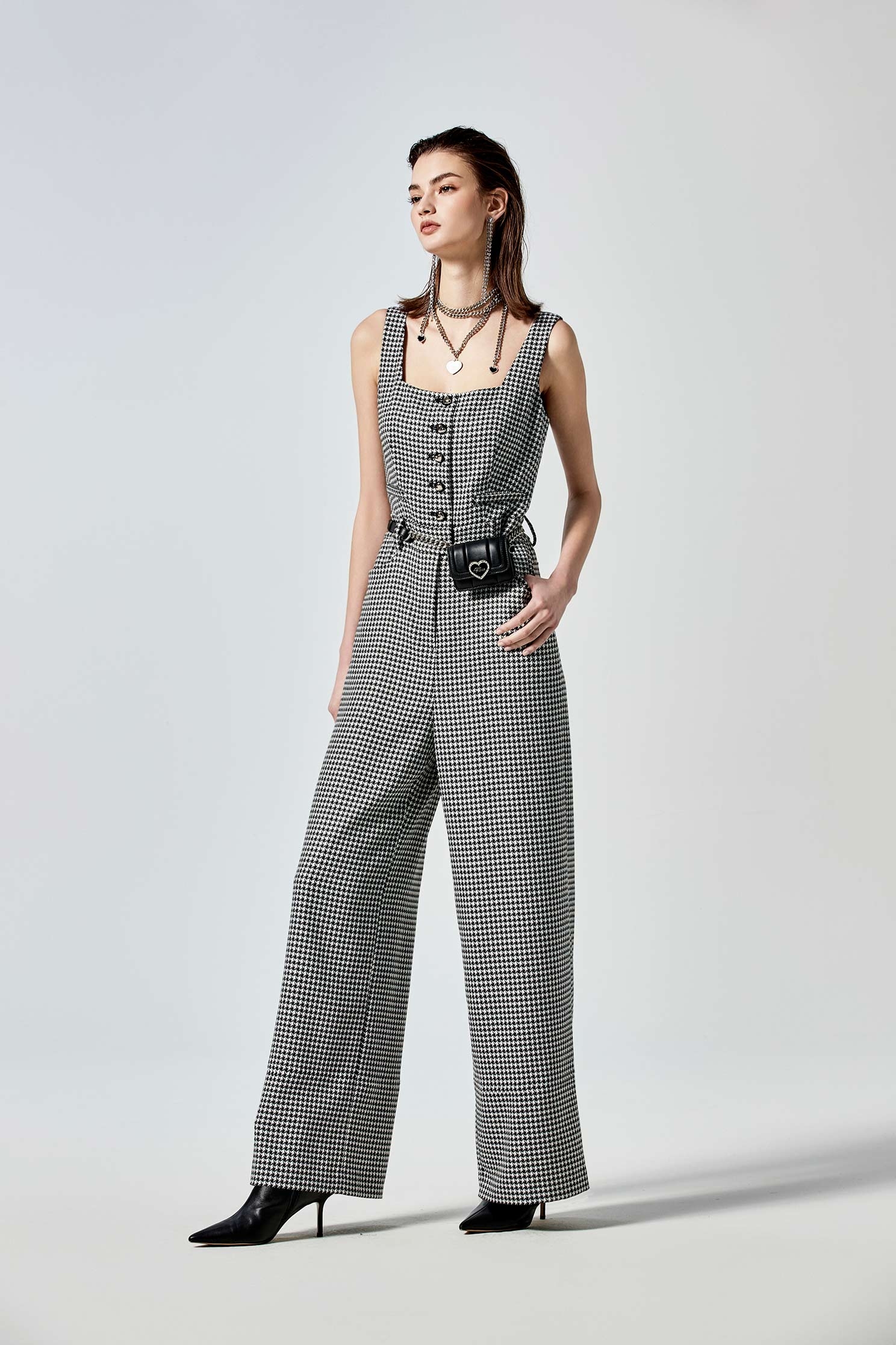 Houndsthooth Print Sleeveless JumpsuitHoundsthooth Print Sleeveless Jumpsuit,Season (SS) Look,Jumpsuits,Pants