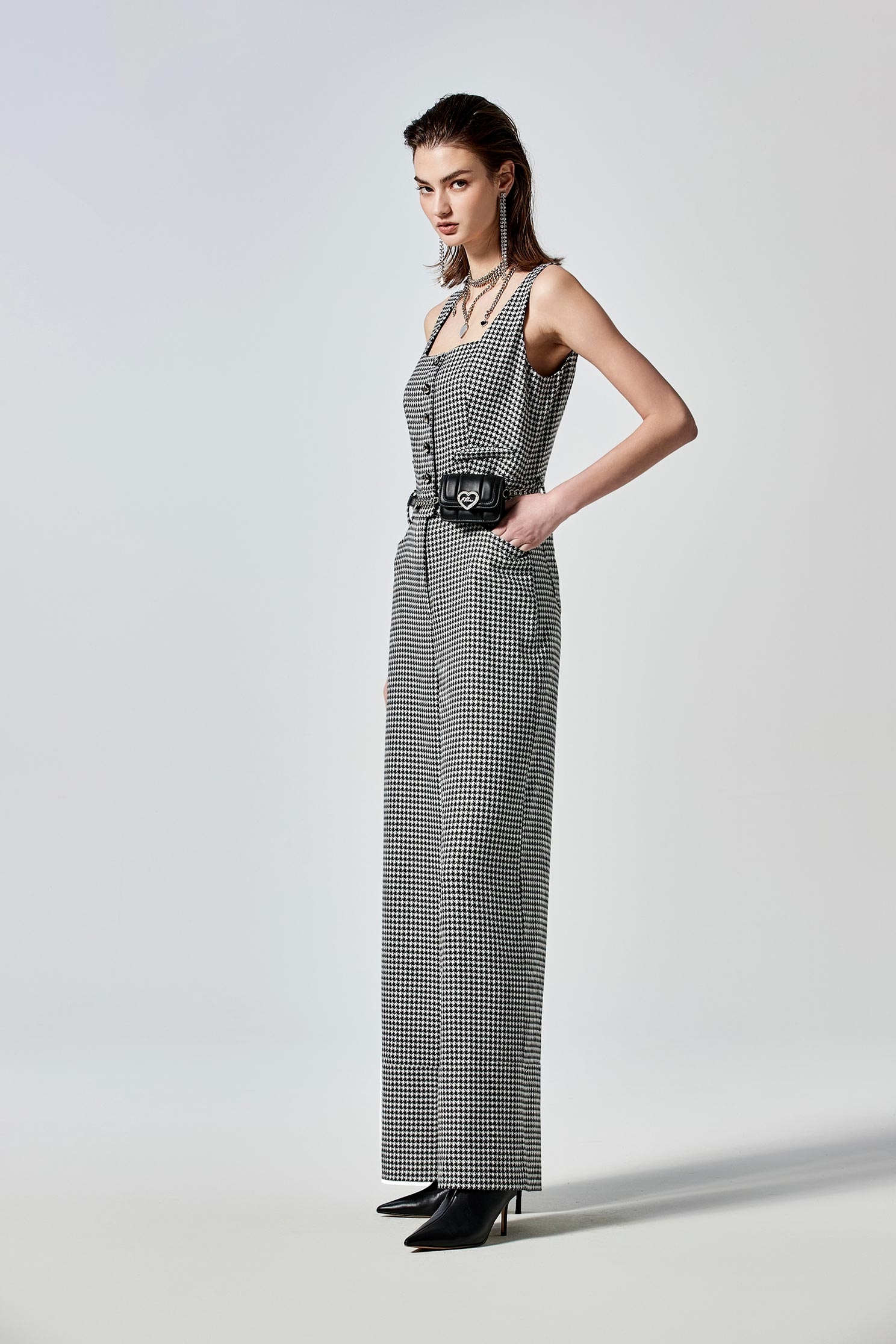 Houndsthooth Print Sleeveless JumpsuitHoundsthooth Print Sleeveless Jumpsuit,Season (SS) Look,Jumpsuits,Pants