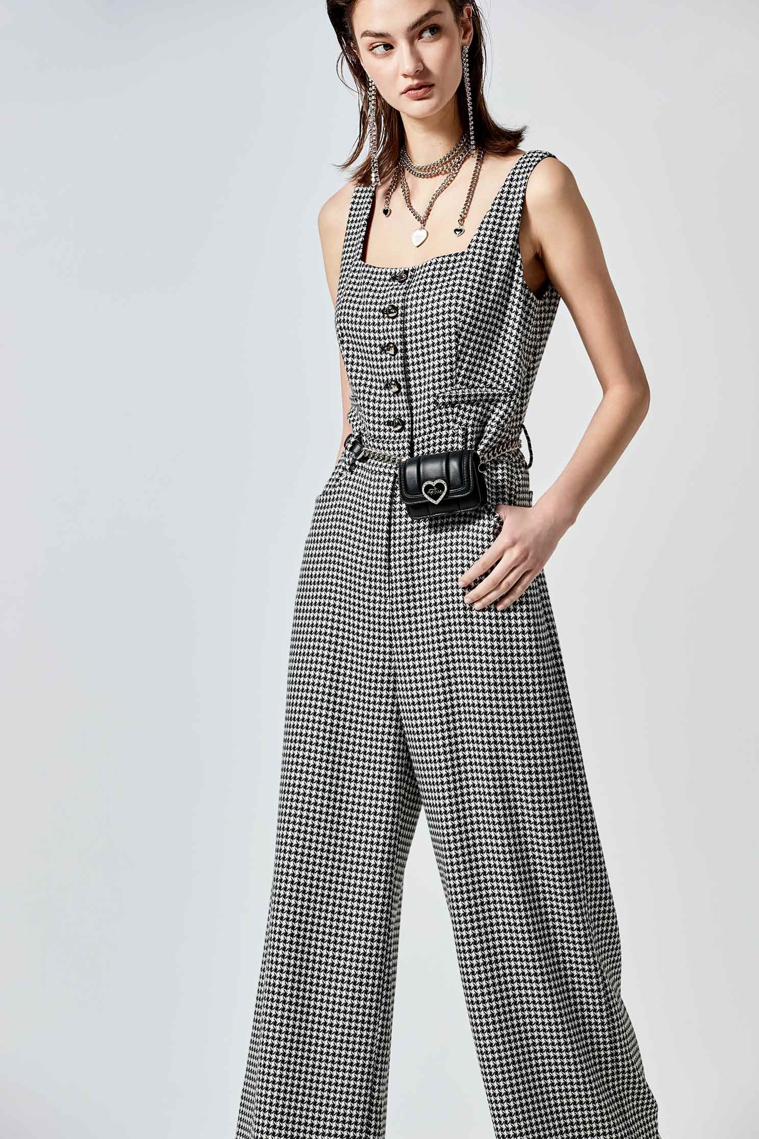 Houndsthooth Print Sleeveless JumpsuitHoundsthooth Print Sleeveless Jumpsuit,Season (SS) Look,Jumpsuits,Pants