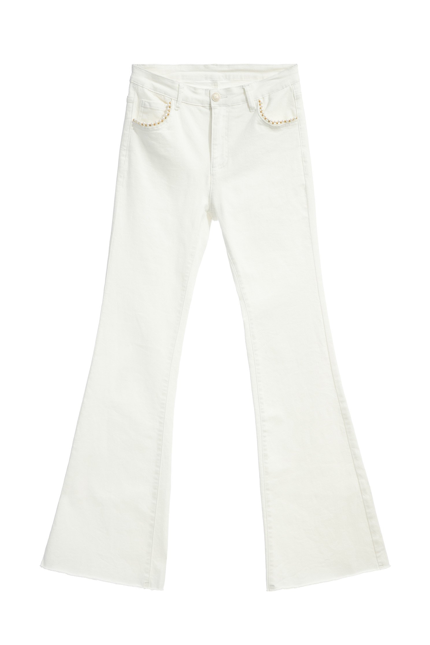 White Boot Leg Jeans With Pocket Trim DetailWhite Boot Leg Jeans With Pocket Trim Detail,Embroidered,Bell-bottoms,Season (SS) Look,Denim,Jeans,pearl,Cotton,Bell-bottoms,Pants