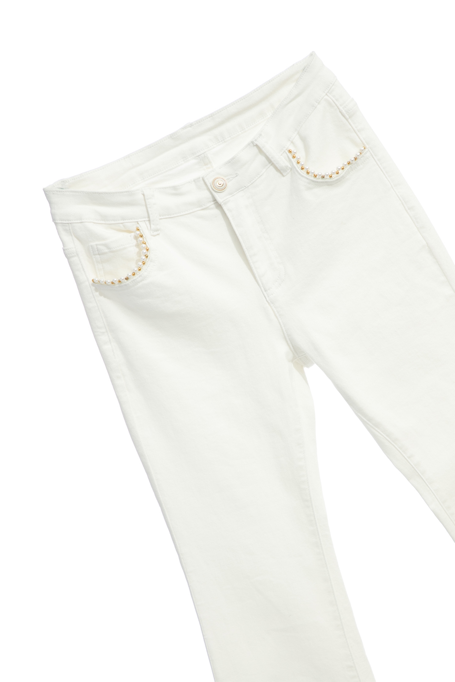 White Boot Leg Jeans With Pocket Trim DetailWhite Boot Leg Jeans With Pocket Trim Detail,Embroidered,Bell-bottoms,Season (SS) Look,Denim,Jeans,pearl,Cotton,Bell-bottoms,Pants