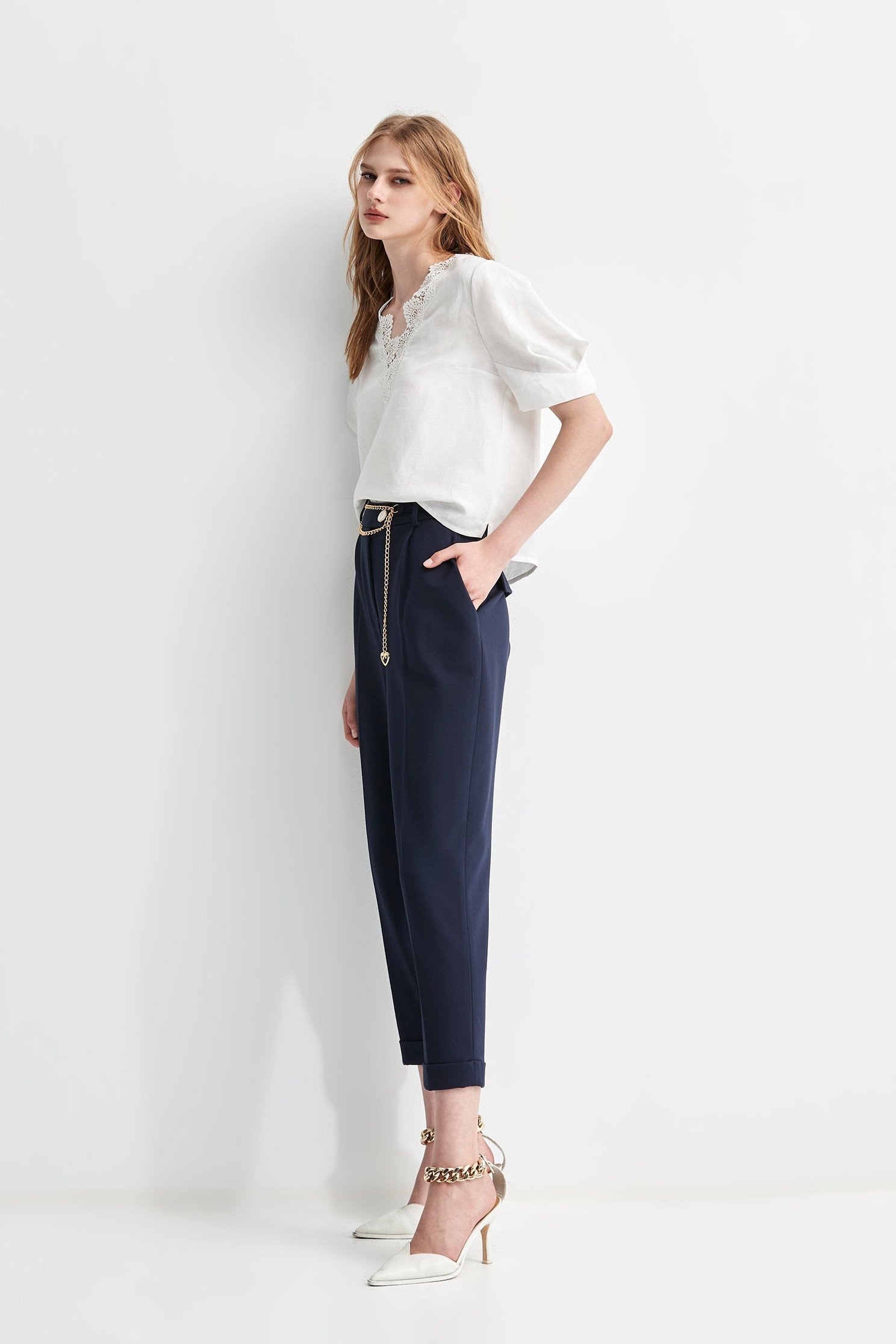 Navy Pleat Front Cuff PantsNavy Pleat Front Cuff Pants,Season (SS) Look