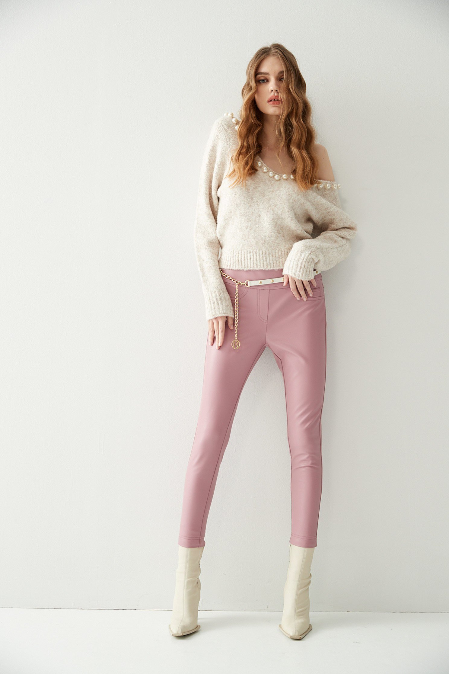 Pink Splicing Skinny PantsContrast pink pants,Season (AW) Look,Skinny pants,Valentine,Skinny pants