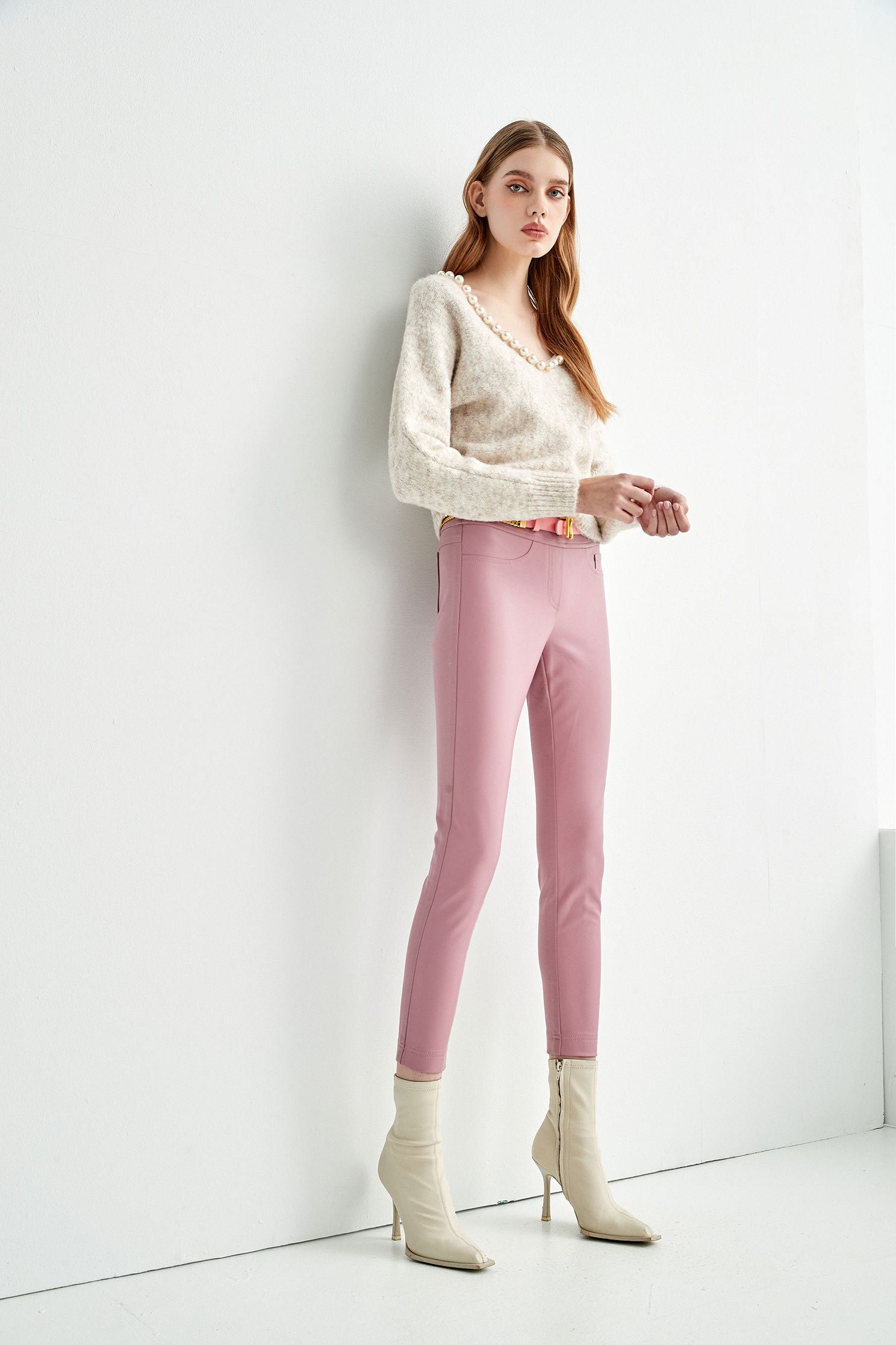 Pink Splicing Skinny PantsContrast pink pants,Season (AW) Look,Skinny pants,Valentine,Skinny pants