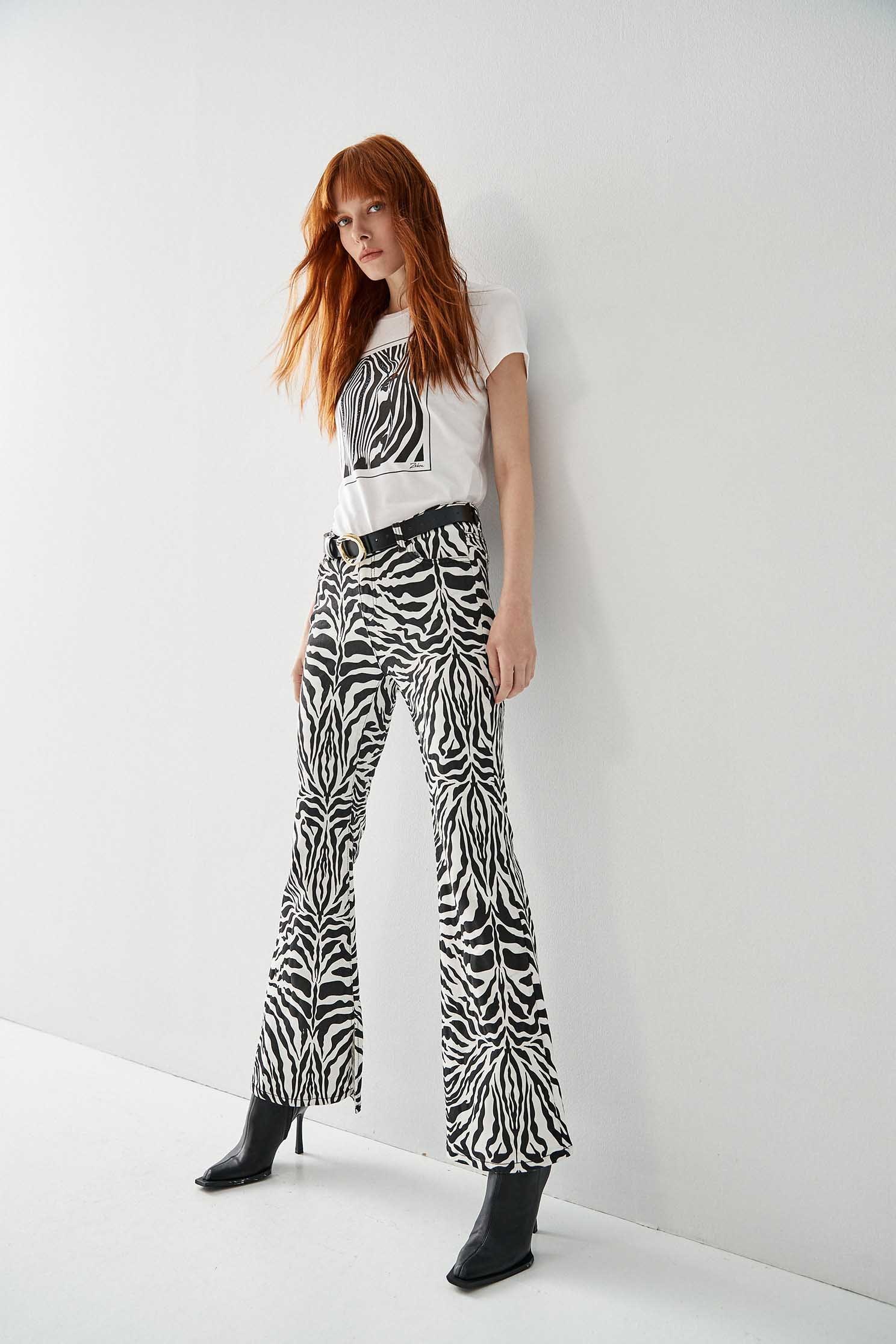 Zebra Print Boot Leg JeansDenim trousers with zebra print,Bell-bottoms,Denim,Jeans,Denim pants,Season (AW) Look,Cotton,Bell-bottoms,Pants