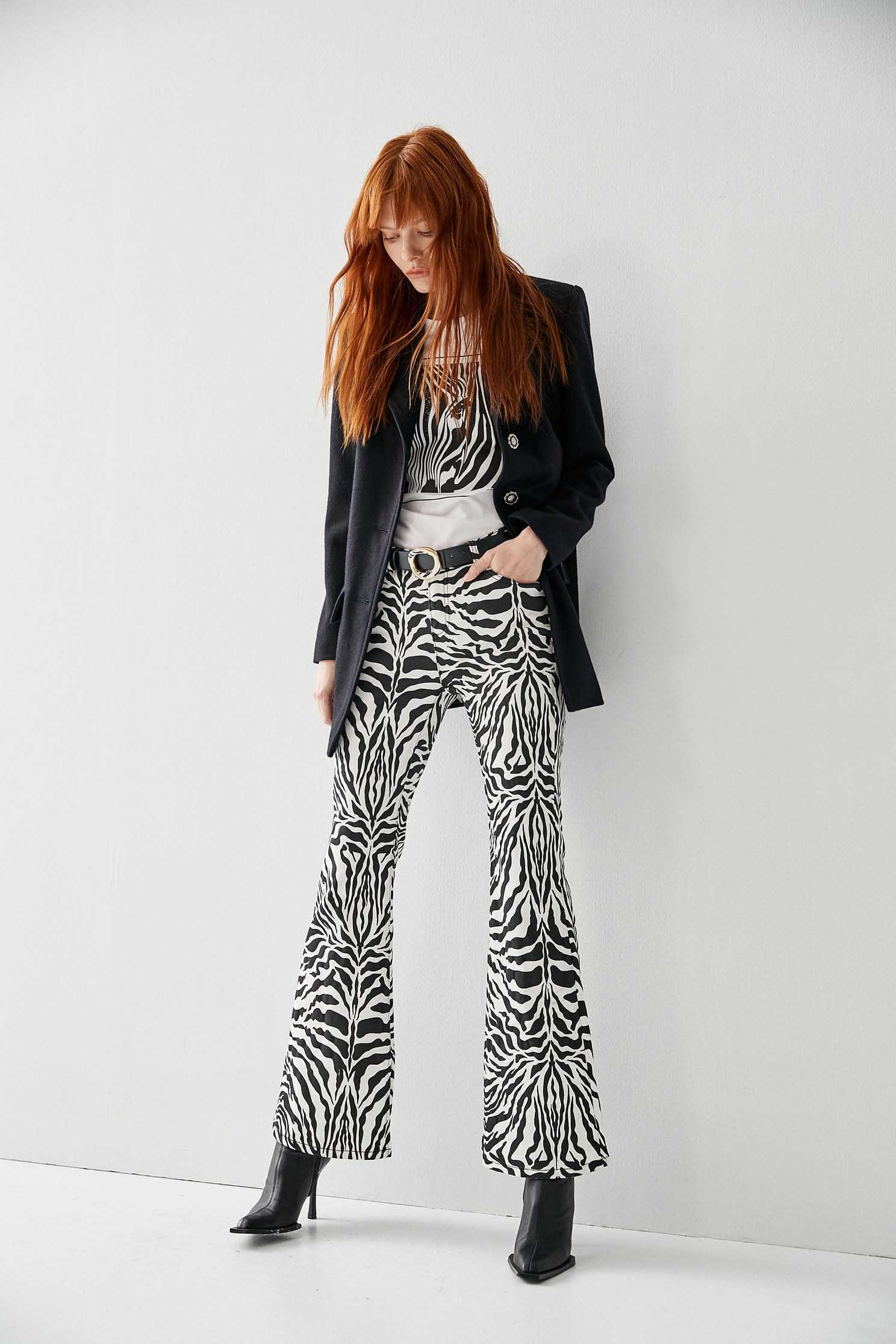 Zebra Print Boot Leg JeansDenim trousers with zebra print,Bell-bottoms,Denim,Jeans,Denim pants,Season (AW) Look,Cotton,Bell-bottoms,Pants